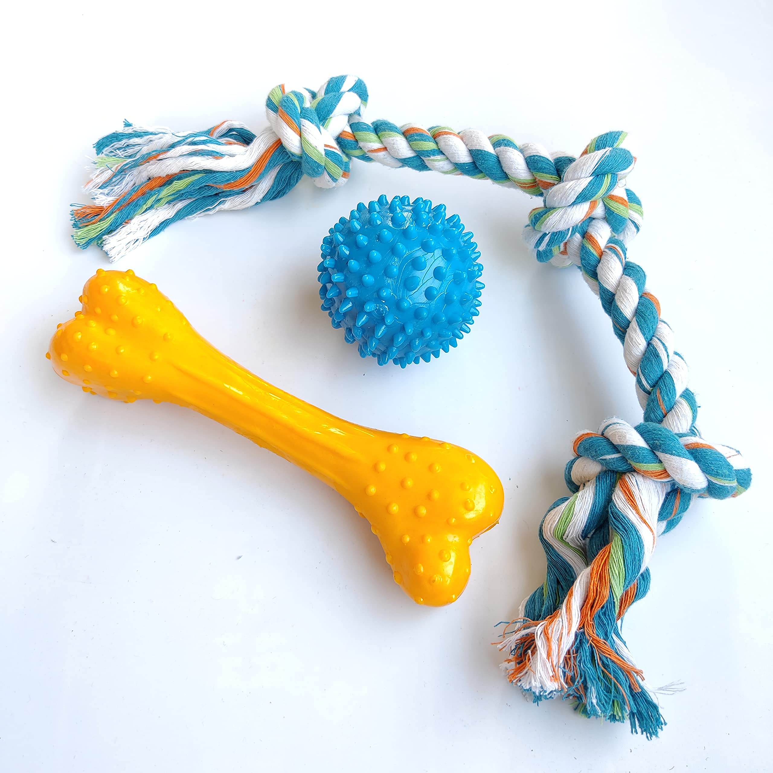 Pups&Pets Dog Spike Ball, Dog Bone And Cotton Rope Toy For Activity And For Teeth Cleaning And Chewing (Combo Of 3, Color Assor