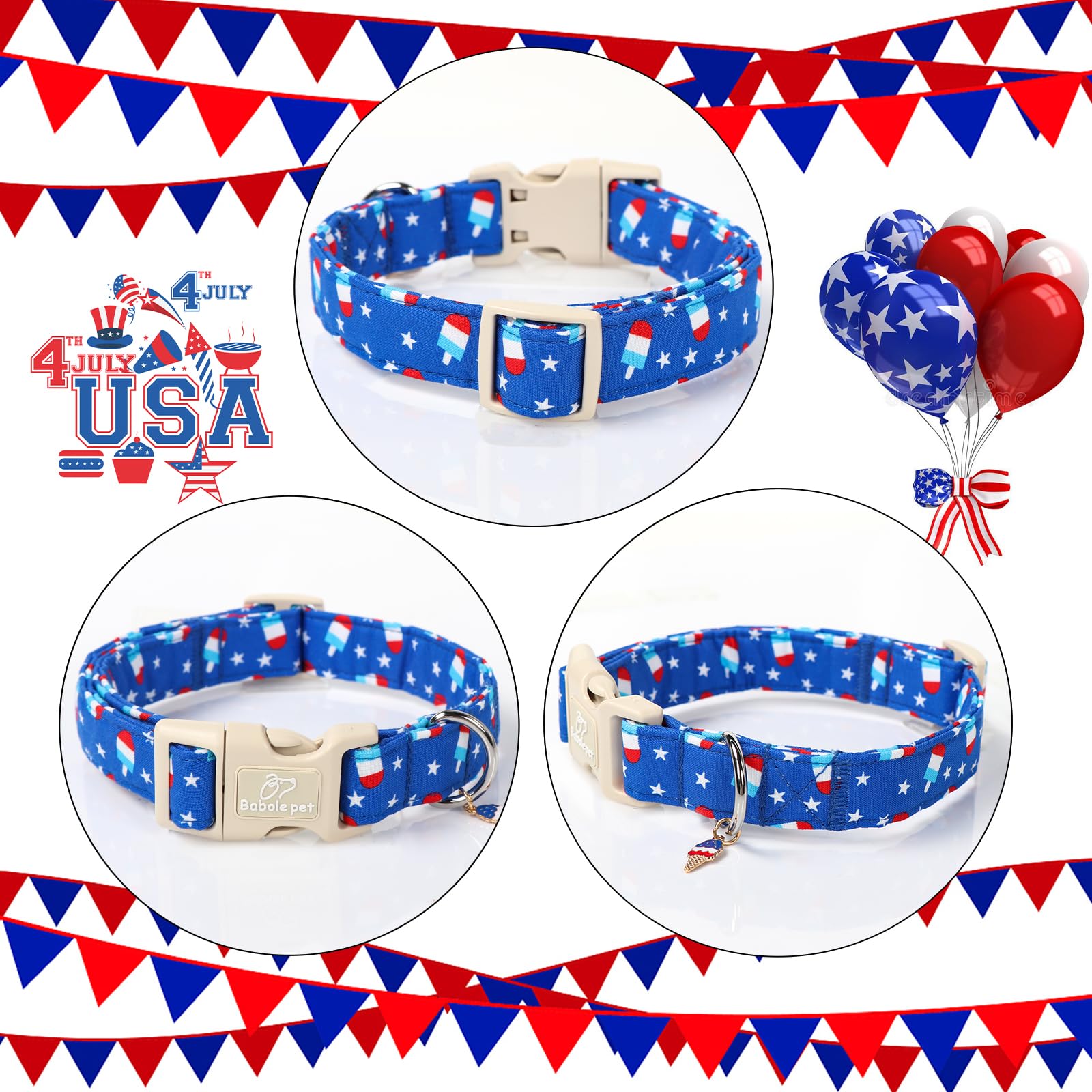 Babole Pet 4Th Of July Dog Collar, Summer Popsicle Patriotic Dog Collars For Small Dogs, Adjustable Lightweight Quick-Release Bu