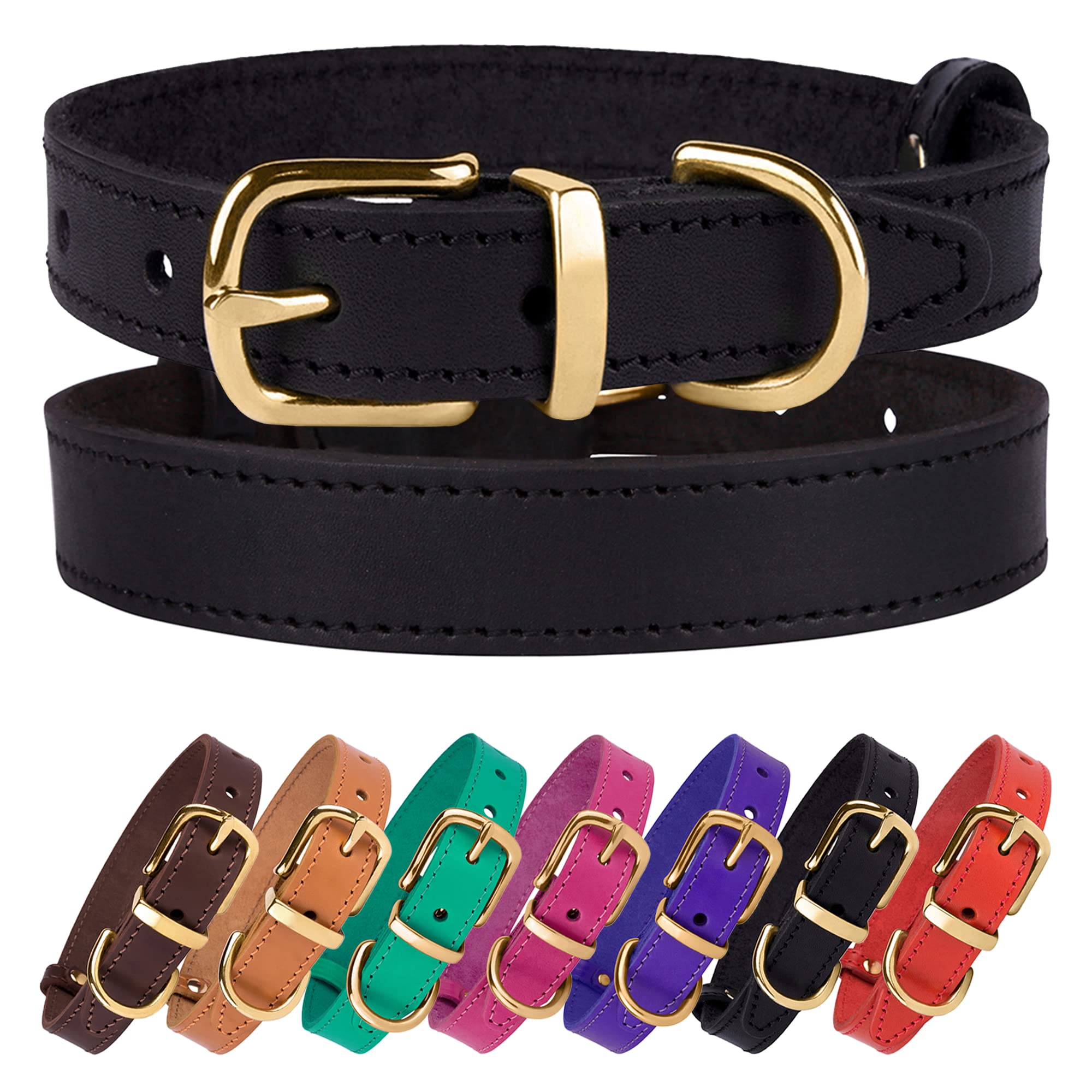 Bronzedog Leather Dog Collar With Metal Buckle Durable Basic Pet Collars For Small Medium Large Dogs (19-21 Inch (Pack Of 1), Black & Gold Buckle)