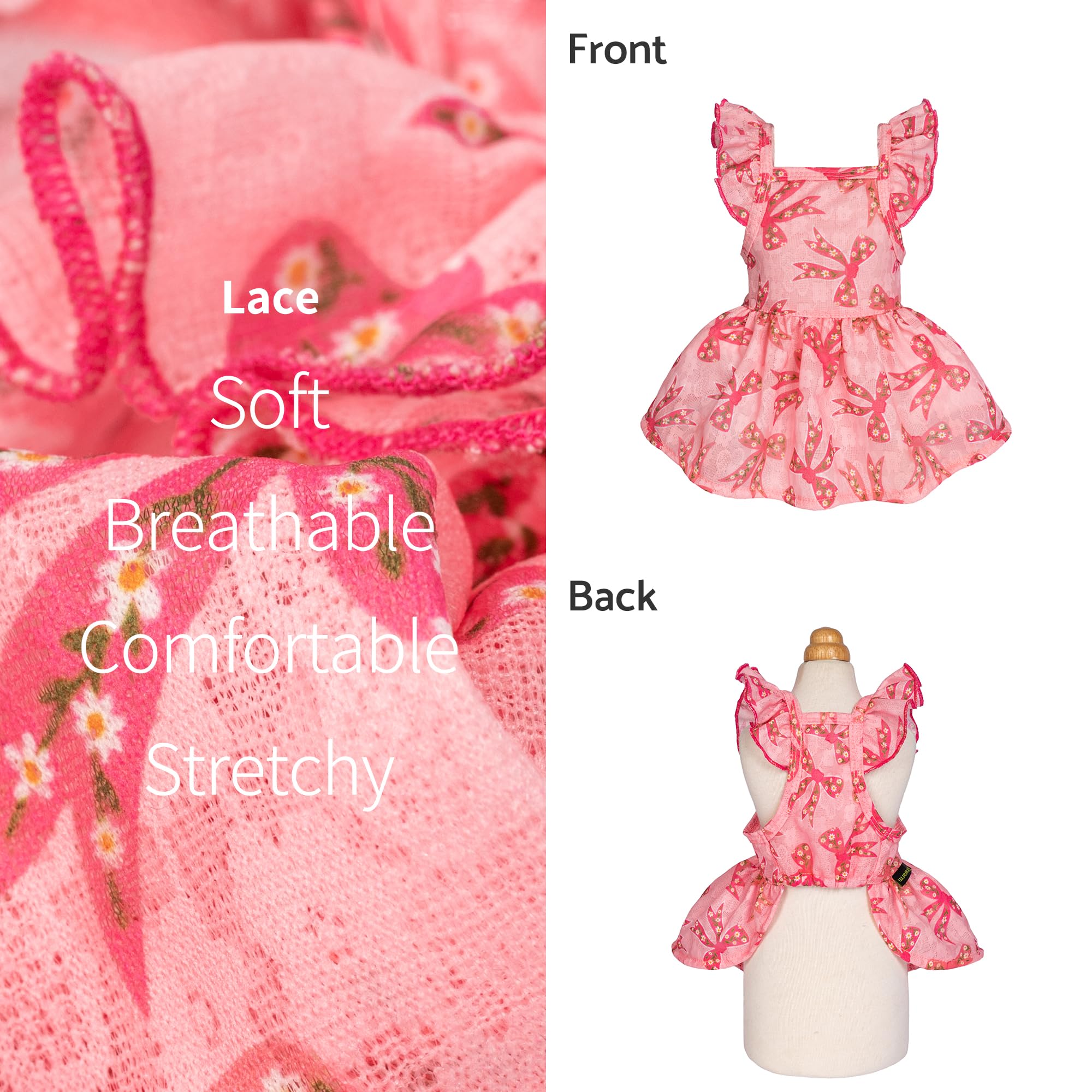 Fitwarm Ruffle Sleeves Bowknot Dog Dress, Birthday Clothes For Small Dogs Girl, Pet Outfit, Pink, Medium