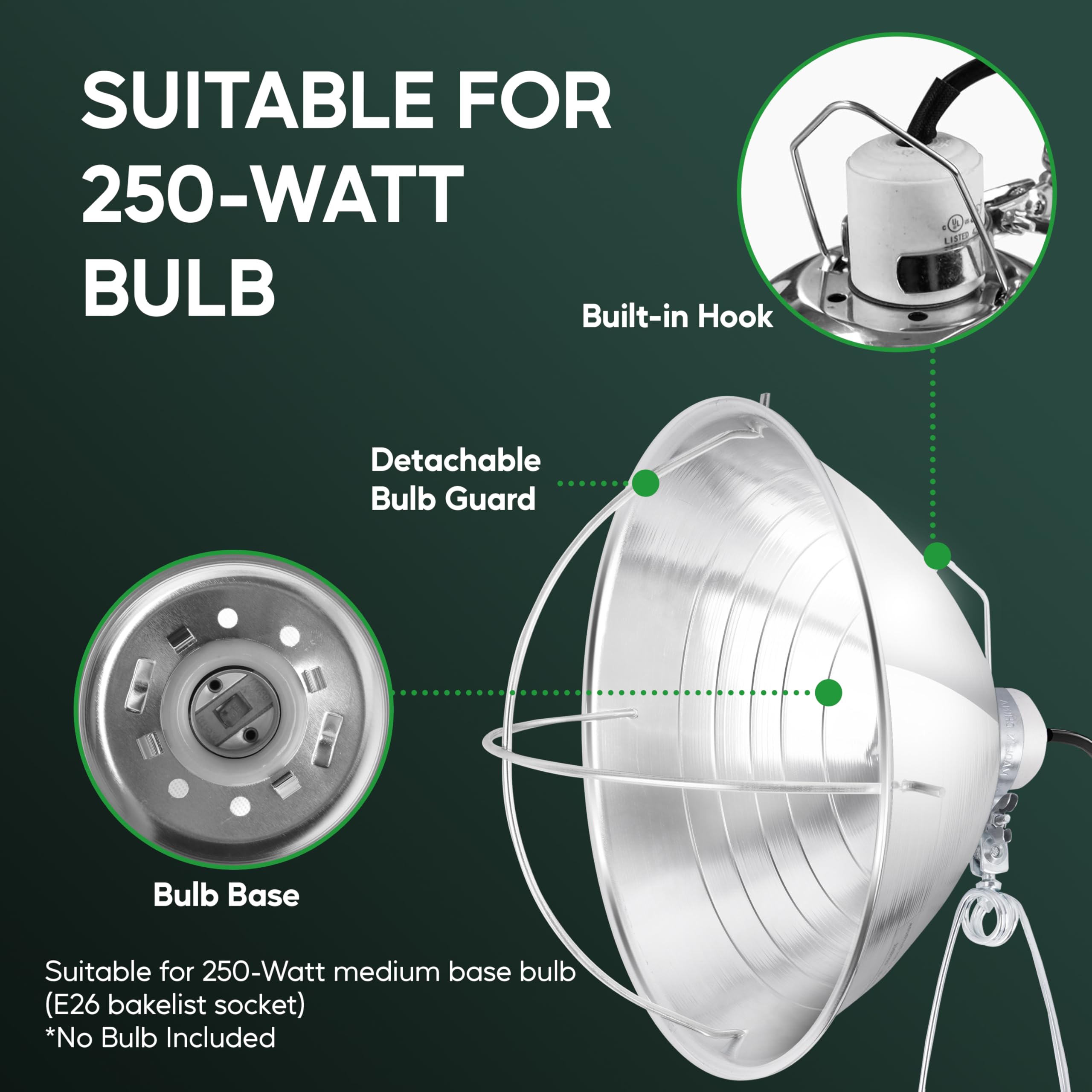 Healsmart 10.5'' Clamp Light Socket And Bulb Guard, 250-Watt Maximum With 6 Feet 18/2 Spt-2 Cord, Aluminum Reflector E26 (No Bul