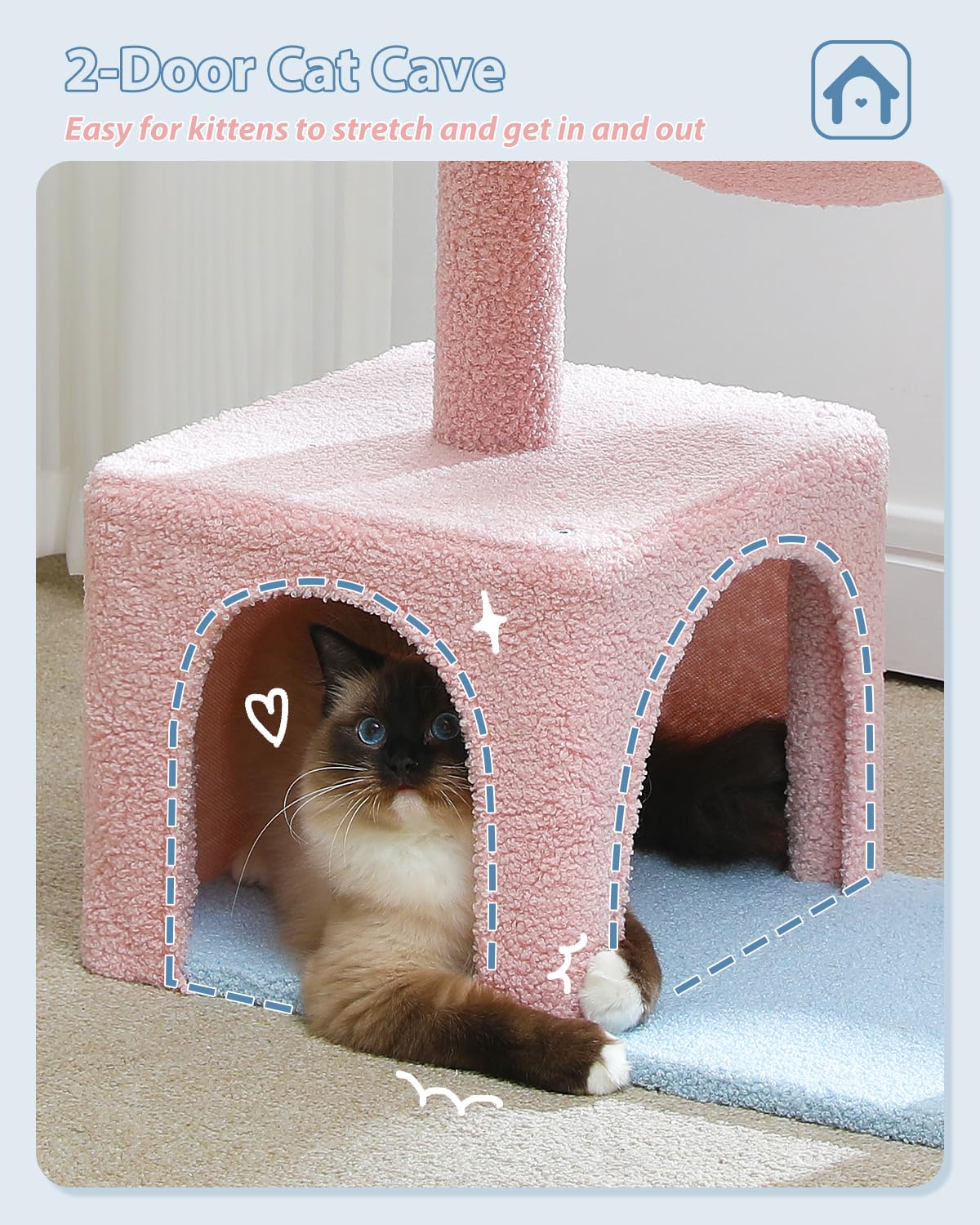 Muttros Flower Cat Tree With Large Metal Frame Hammock, 35' Pink Cat Tower With Sisal Scratching Posts For Small Indoor Cats, Cat Condo With Blue Top Perch For Kittens, Fluffy Ball, Pink