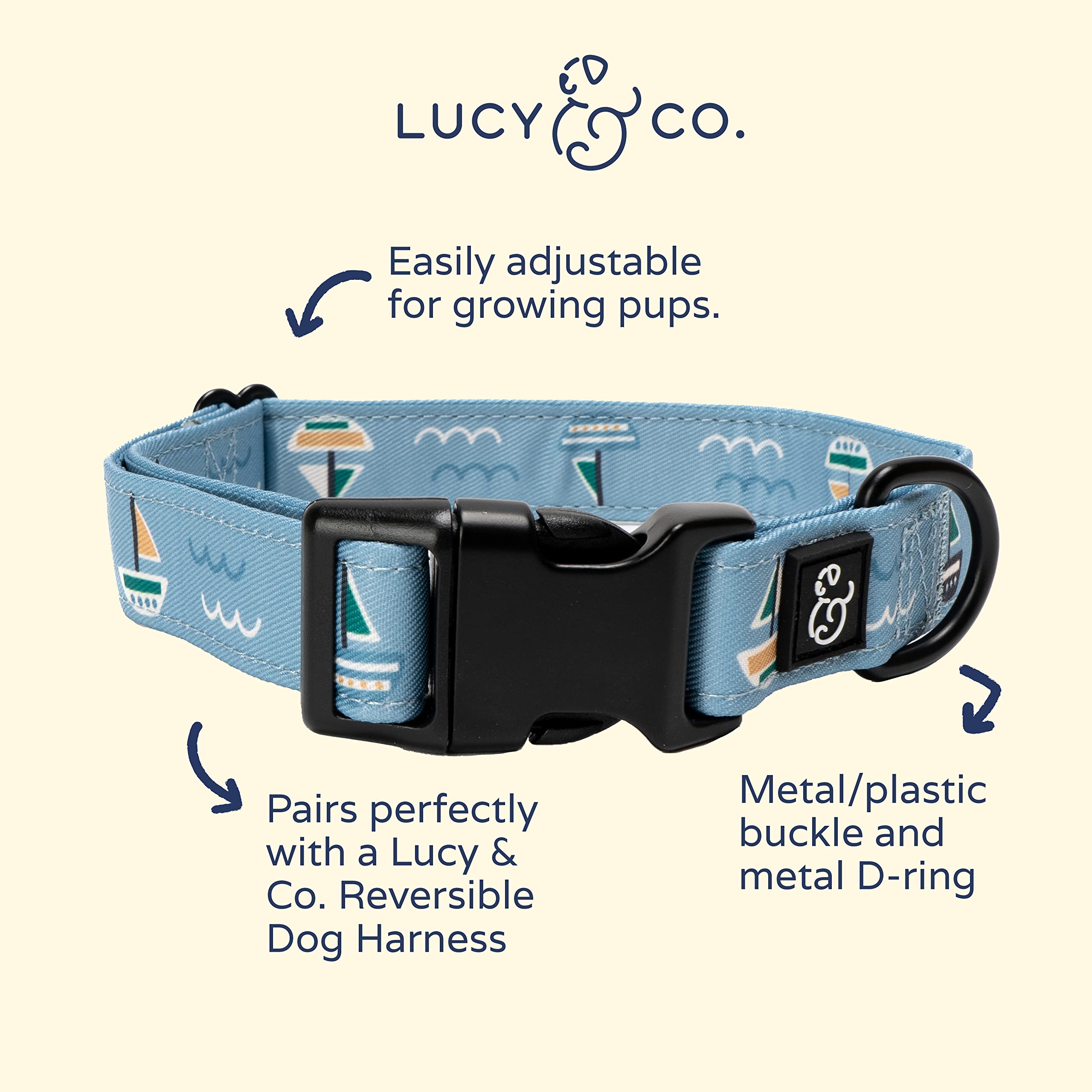 Lucy & Co. Set Sail Adjustable Dog Collar - Nylon, Small, Blue with Green & Yellow Sailboats, Buckle Closure for Pets