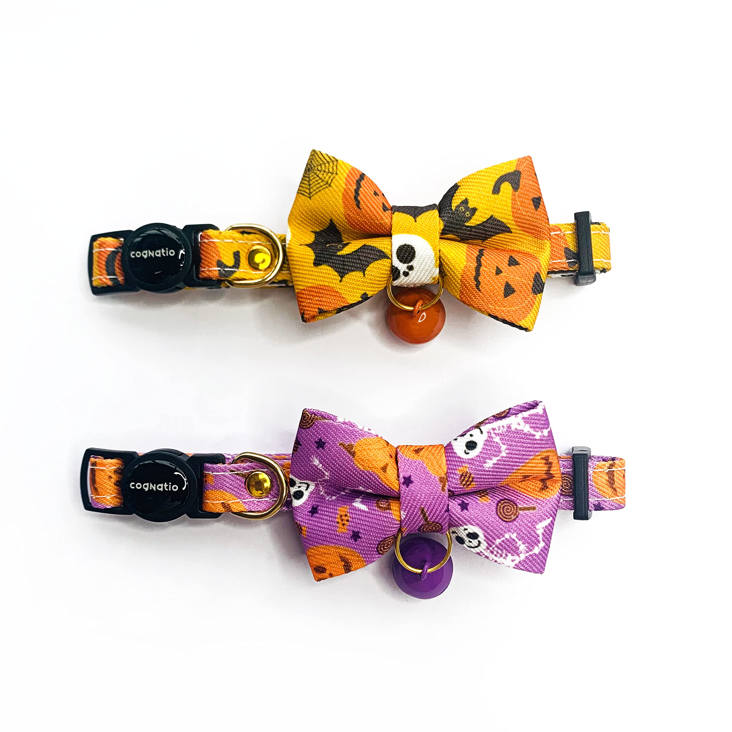 Cognatio 2 Pack Cat Collars With Removable Bow Tie And Bell, Safety Quick Release Kitten Collars, Adjustable 20-30 Cm (20-30Cm, Halloween Purple+Orange)
