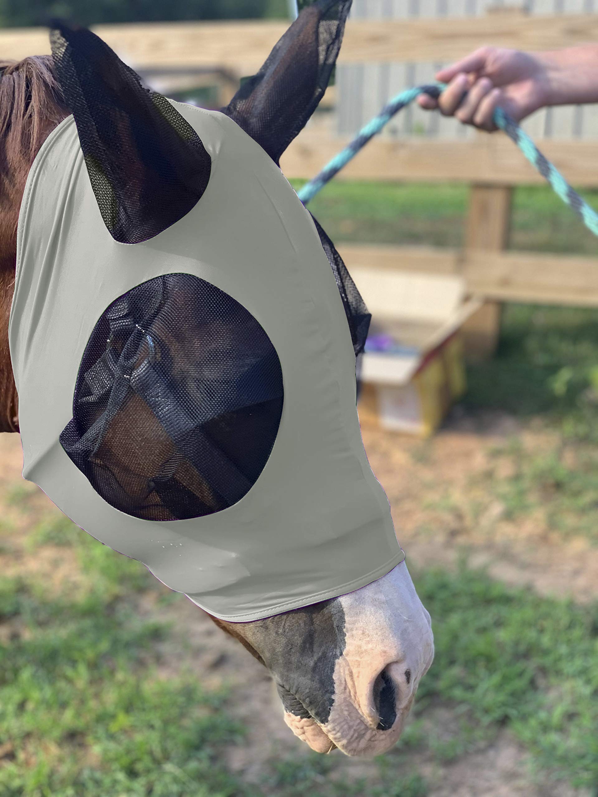 Stretchy Horse Fly Mask with Ears Comfort Fit Mesh Trail Pasture Sun UV Protection (Horse, Gray)