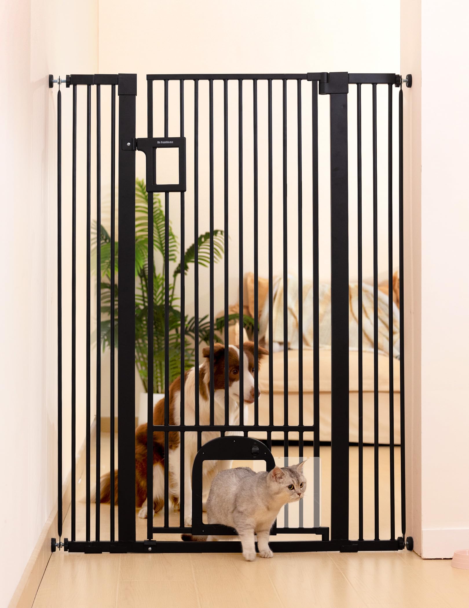 No Pawblems 55 Extra Tall Pet Gate with Adjustable Cat Door, 29-43 Auto Close Dog Gate, NO Drilling Pressure Mounted for Doorway