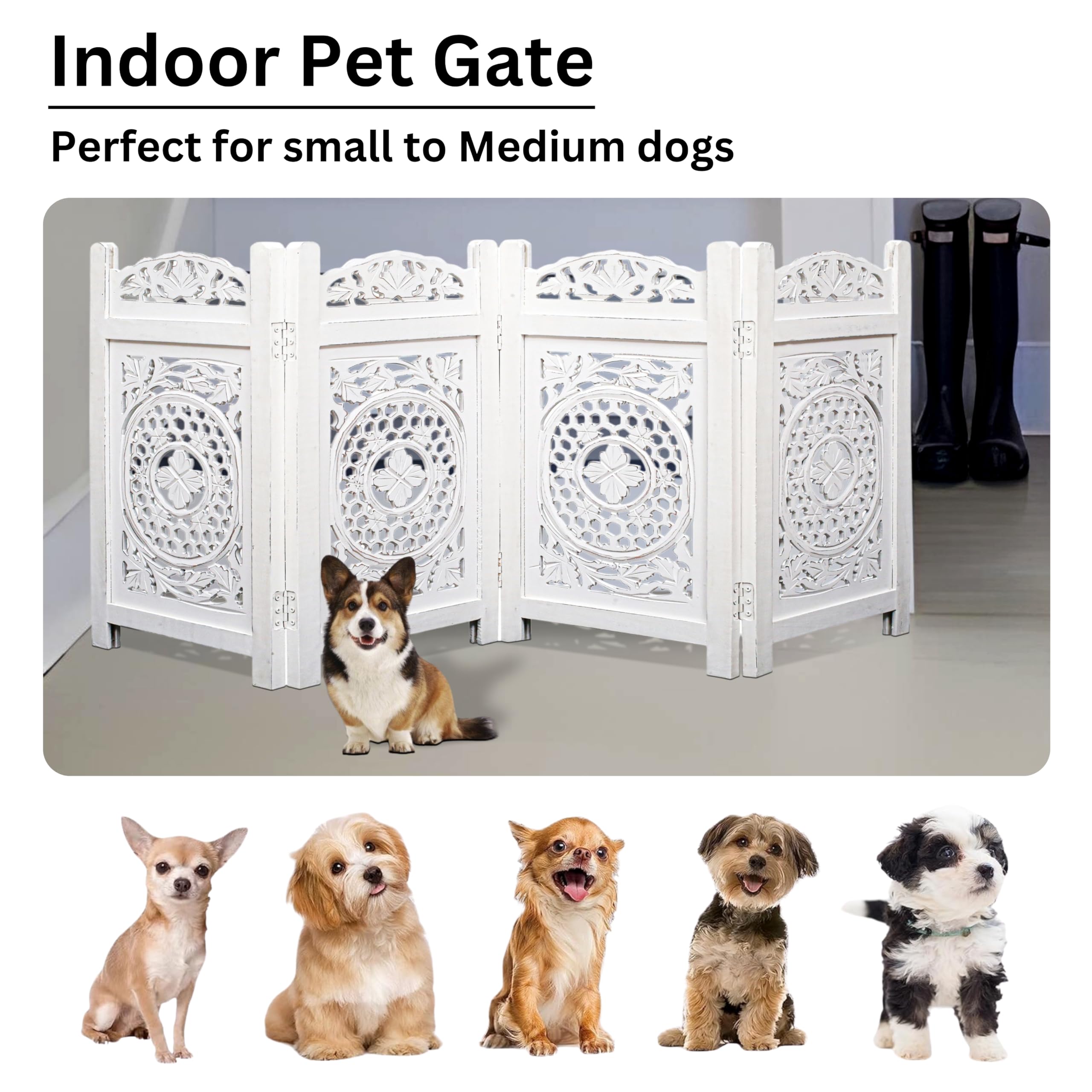 Dog Safety Gate - 4 Panels 56' Wx28 H- Hand Carved Solid Wood And Mdf Head Oval Mulsory Wooden Foldable - Free Standing Portabl