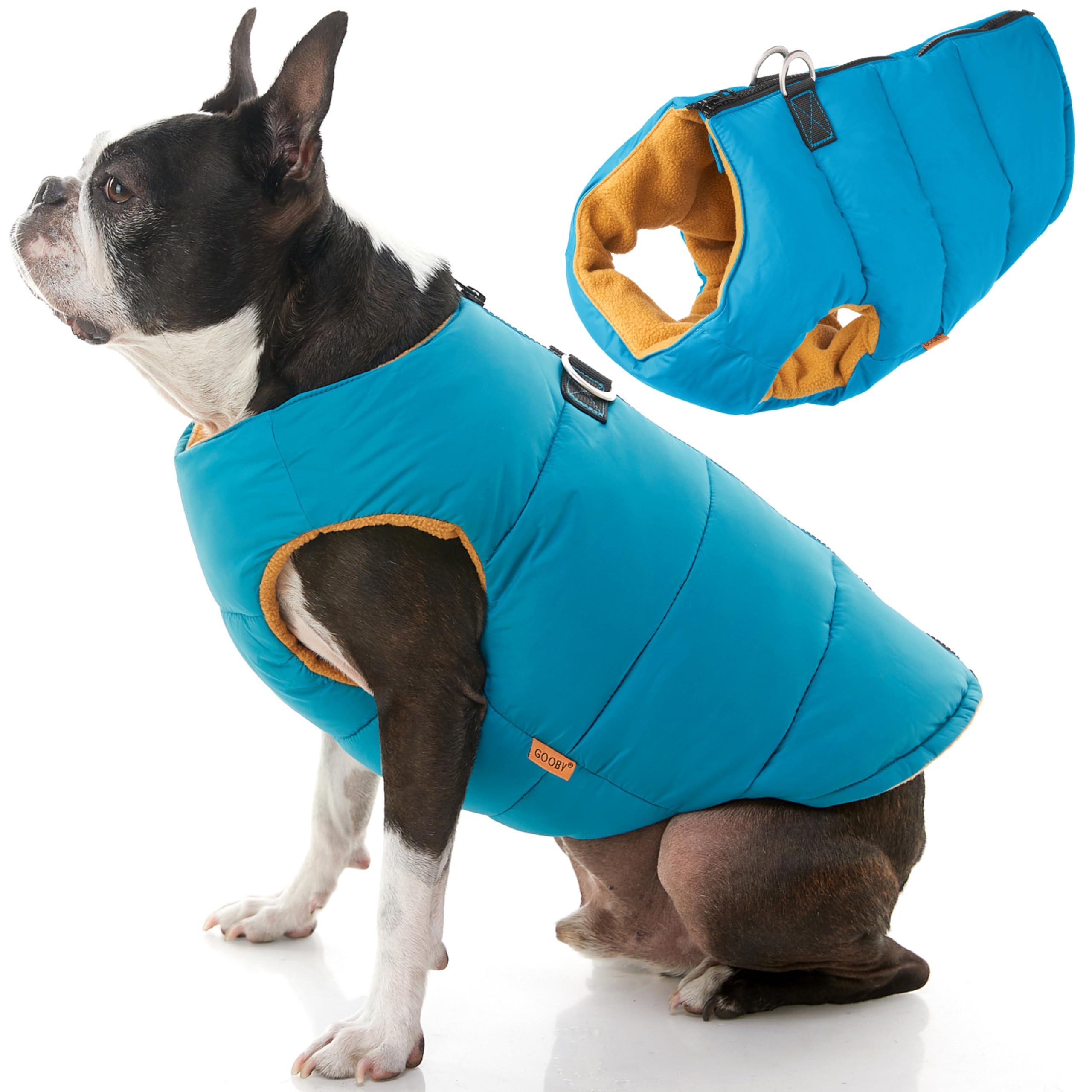 Gooby Padded Vest Dog Jacket - Solid Turquoise, Small - Warm Zip Up Dog Vest Fleece Jacket with Dual D Ring Leash - Water Resist