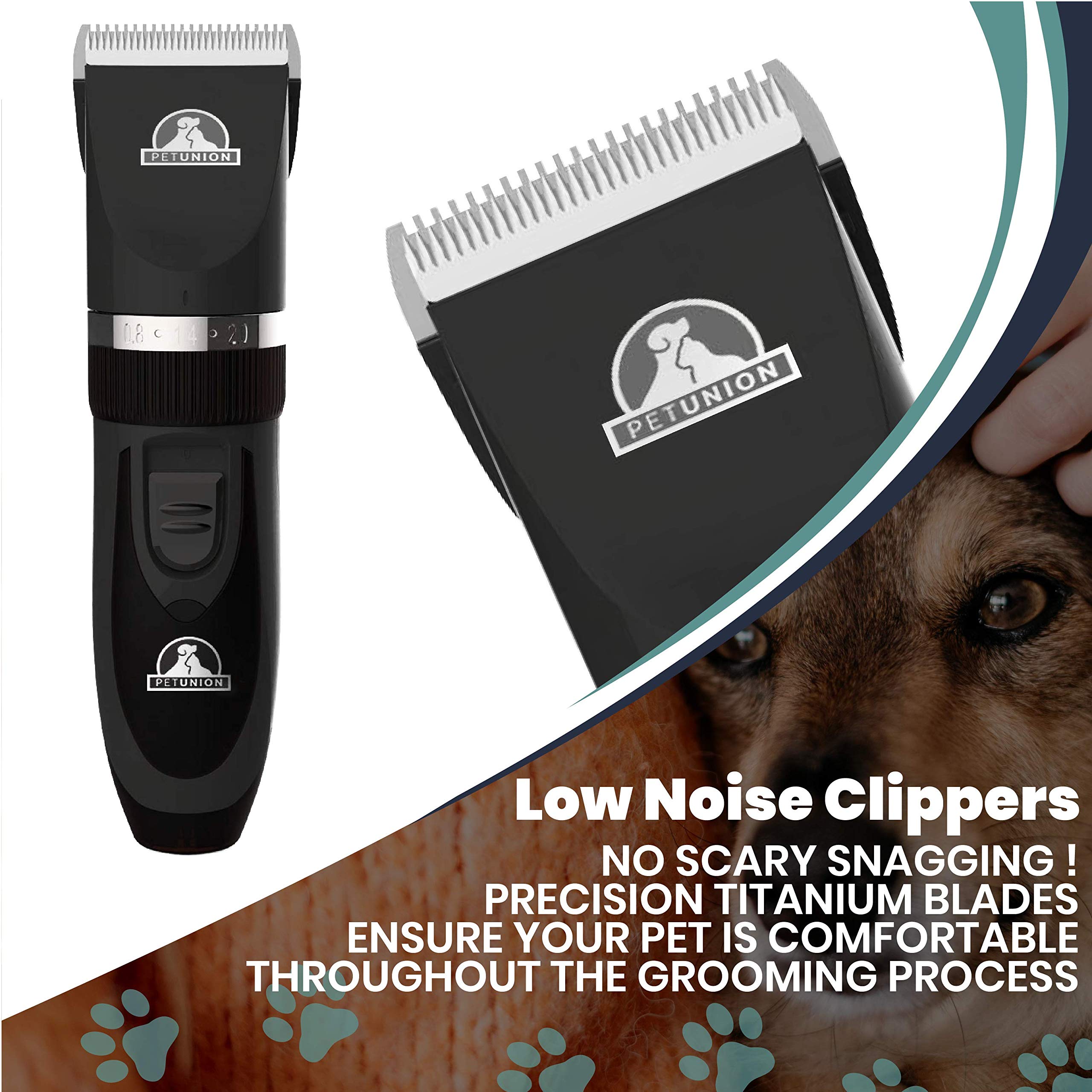 Pet Union Professional Dog Grooming Kit - Cordless Low Noise Dog Clippers For Grooming Thick Coats - All Pet Safe Cat Hair Trimmer - Pet Grooming Kit Includes Dog Hair Clippers, Nail Trimmer & Shears