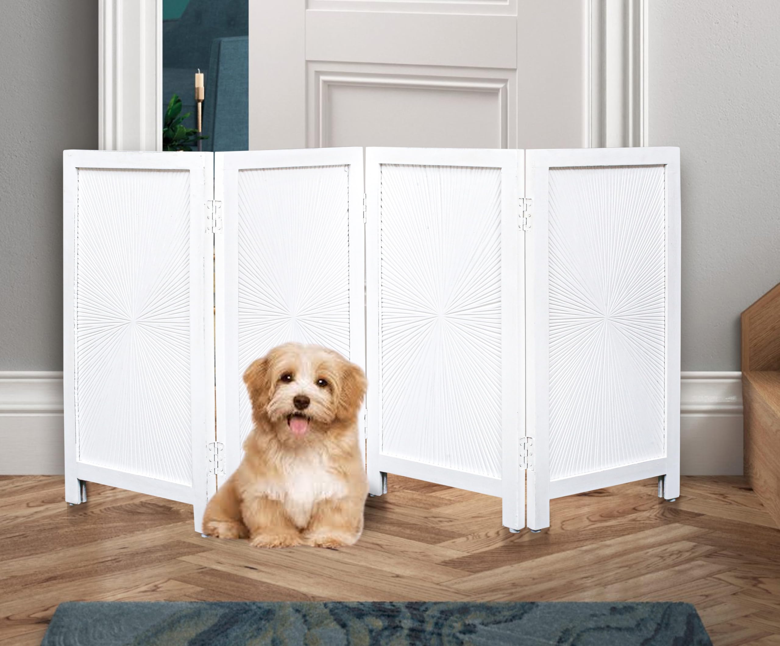 Raise Wooden Foldable Pet Dog Safety Gate - 4 Panels 56 Wx28 H- Hand Carved Solid Wood and MDF - Free Standing Portable Indoor D