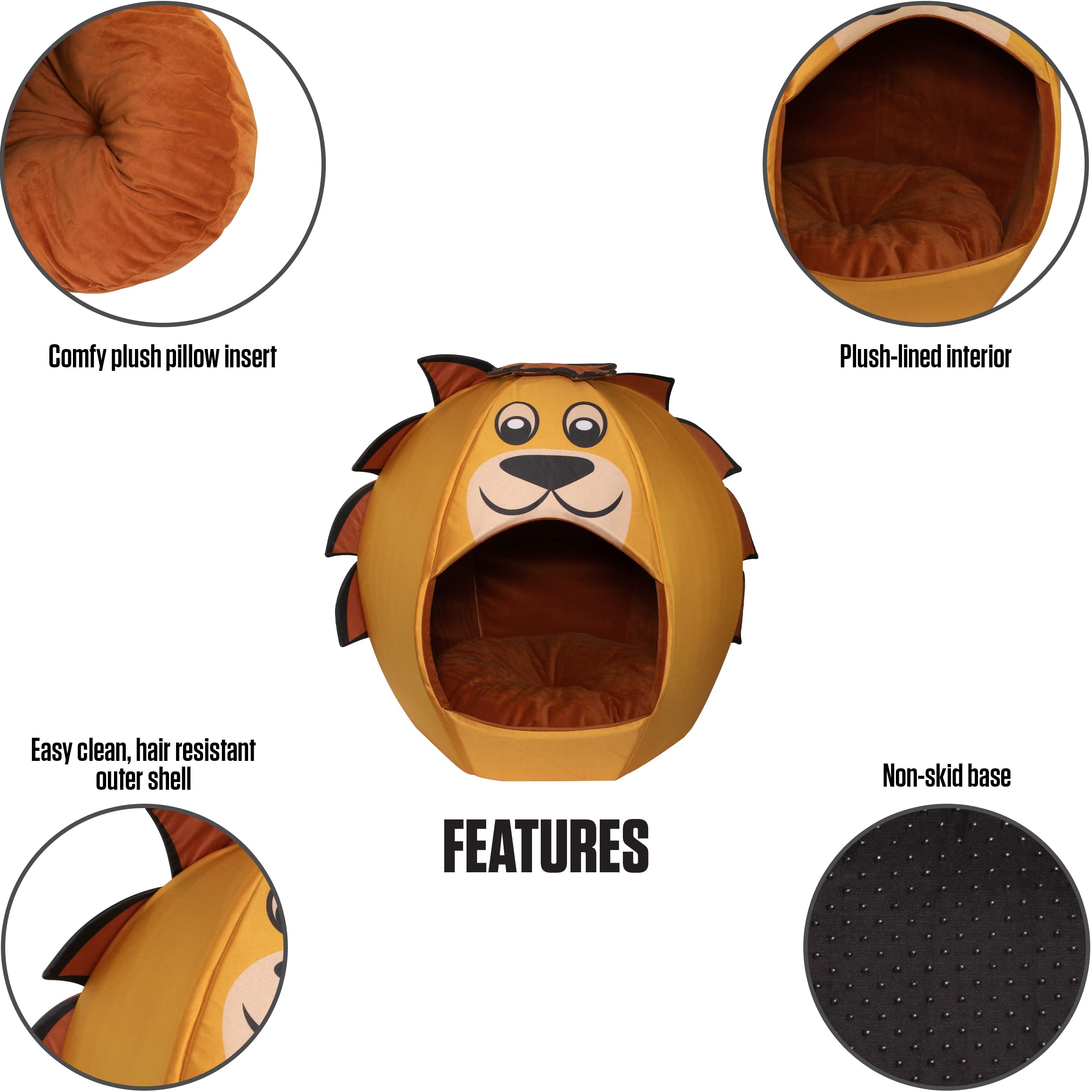Maccabi Art Lion Theme Dog Bed - Cute Igloo Style Pet Bet - Fits Medium Dogs, Puppies, Cats - Pillow Insert With Plush Lined Int