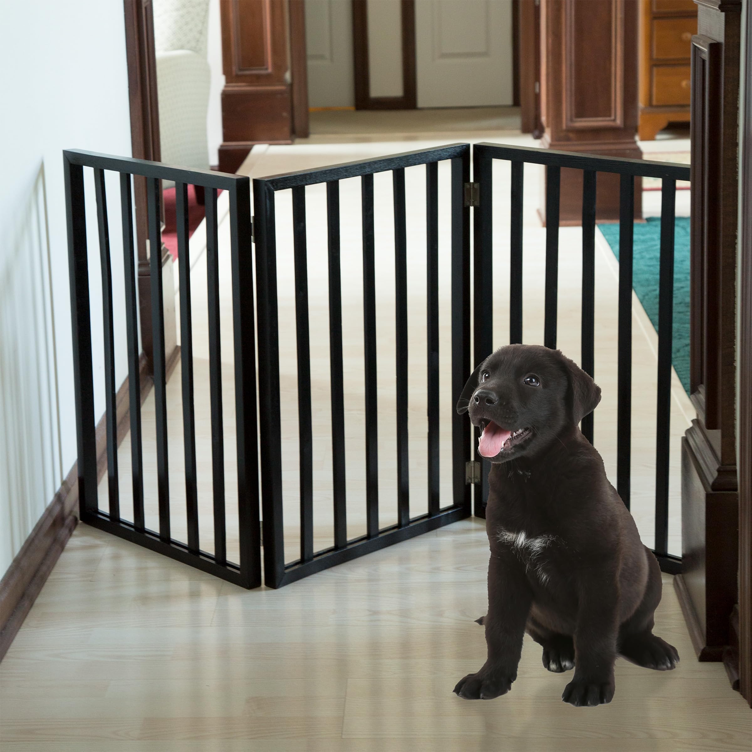 Indoor Pet Gate - 3-Panel Folding Dog Gate For Stairs Or Doorways - 54X24-Inch Freestanding Pet Fence For Cats And Dogs By Petmaker (Black)