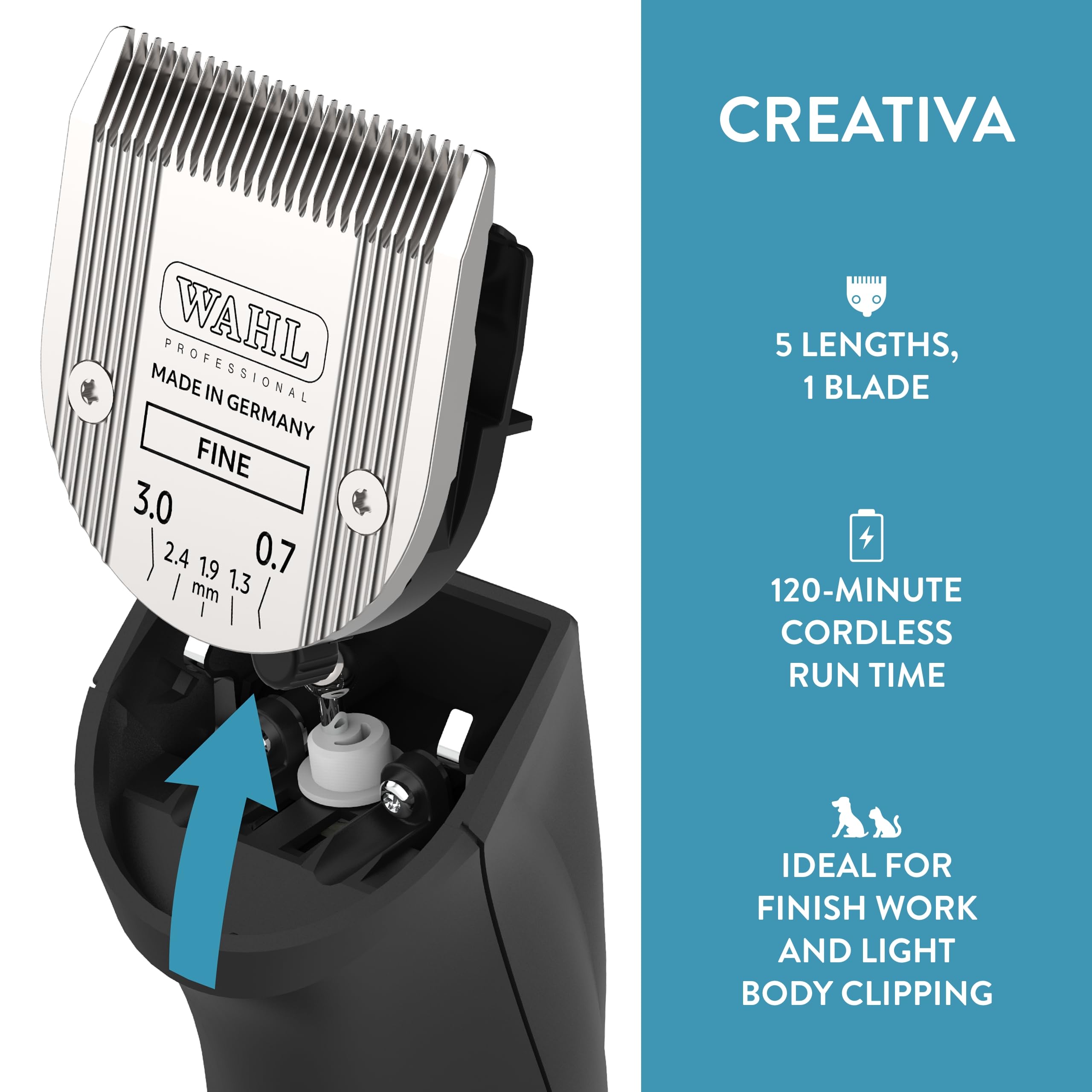 Wahl Professional Animal Creativa Cordless Clipper, 5-in-1 Adjustable Blade, 13 Piece Set, Black, Model 41876-0430