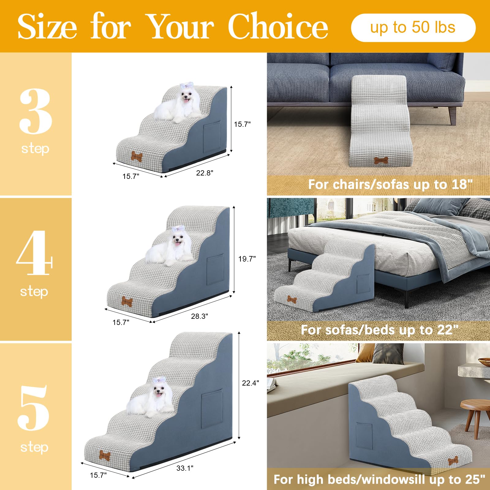 Pocblue Dog Stairs For Small Dogs 19.7'' H, 4-Step Wide Pet Step For High Bed Or Couch, Curved Pet Ramps For Cats With High-Dens