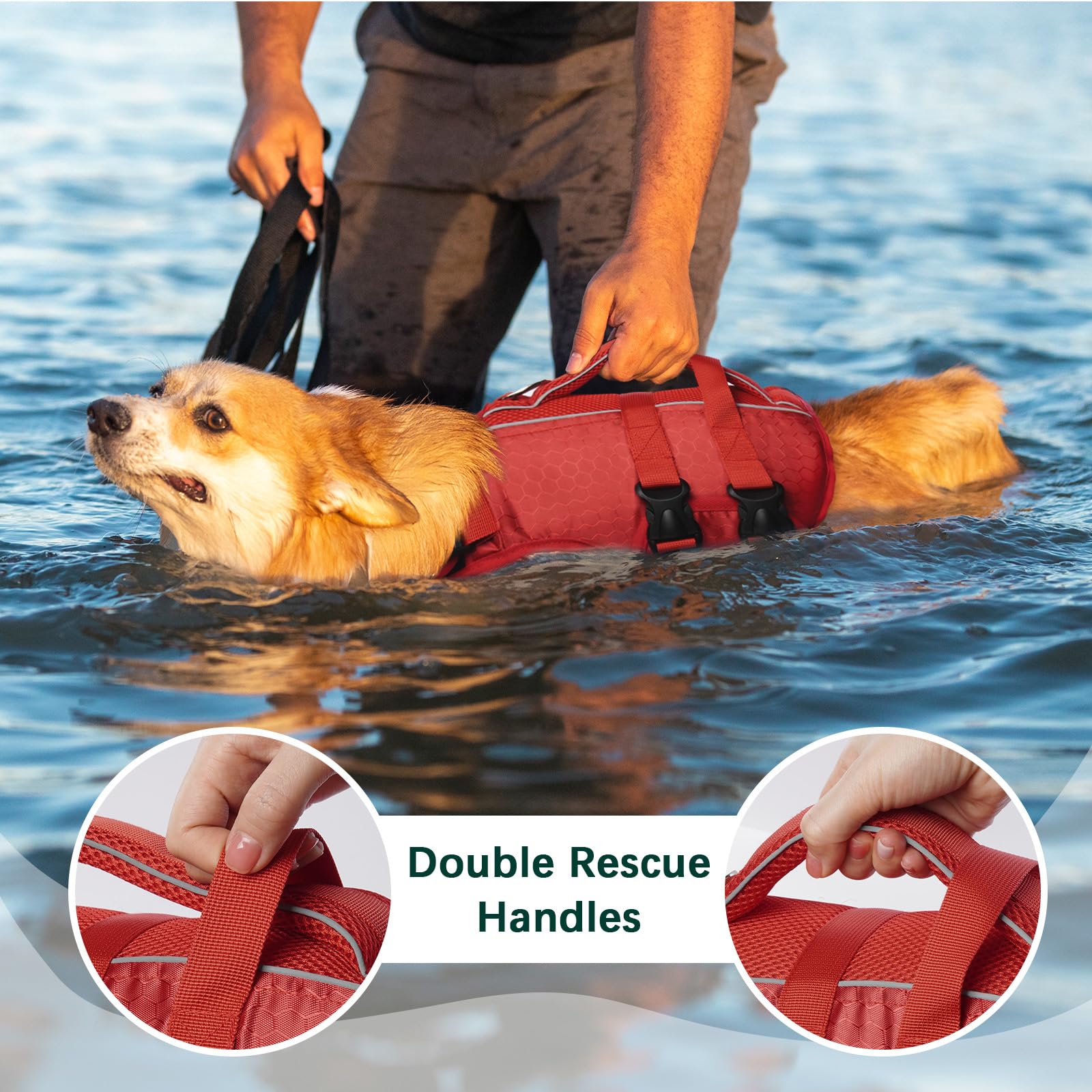 Kuoser Dog Life Jacket High Flotation, Reflective Dog Life Vest For Swimming Boating, Adjustable Small Medium Large Dog Lifejacket, Lightweight Dog Life Preserver Rescue Handle Spring Summer Pool