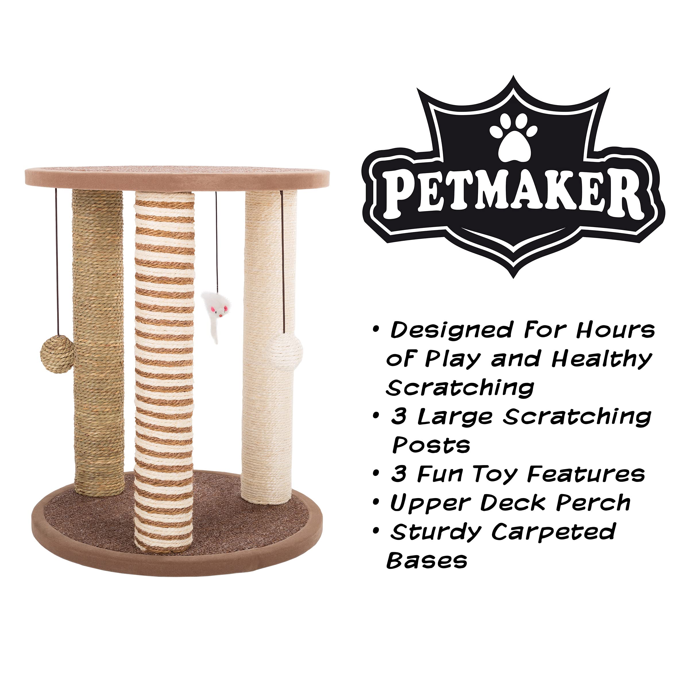 PETMAKER Cat Scratching Post - 3 Carpeted Scratchers with Base & Perch, Large, Brown, Engineered Wood, Model 80-PET6067