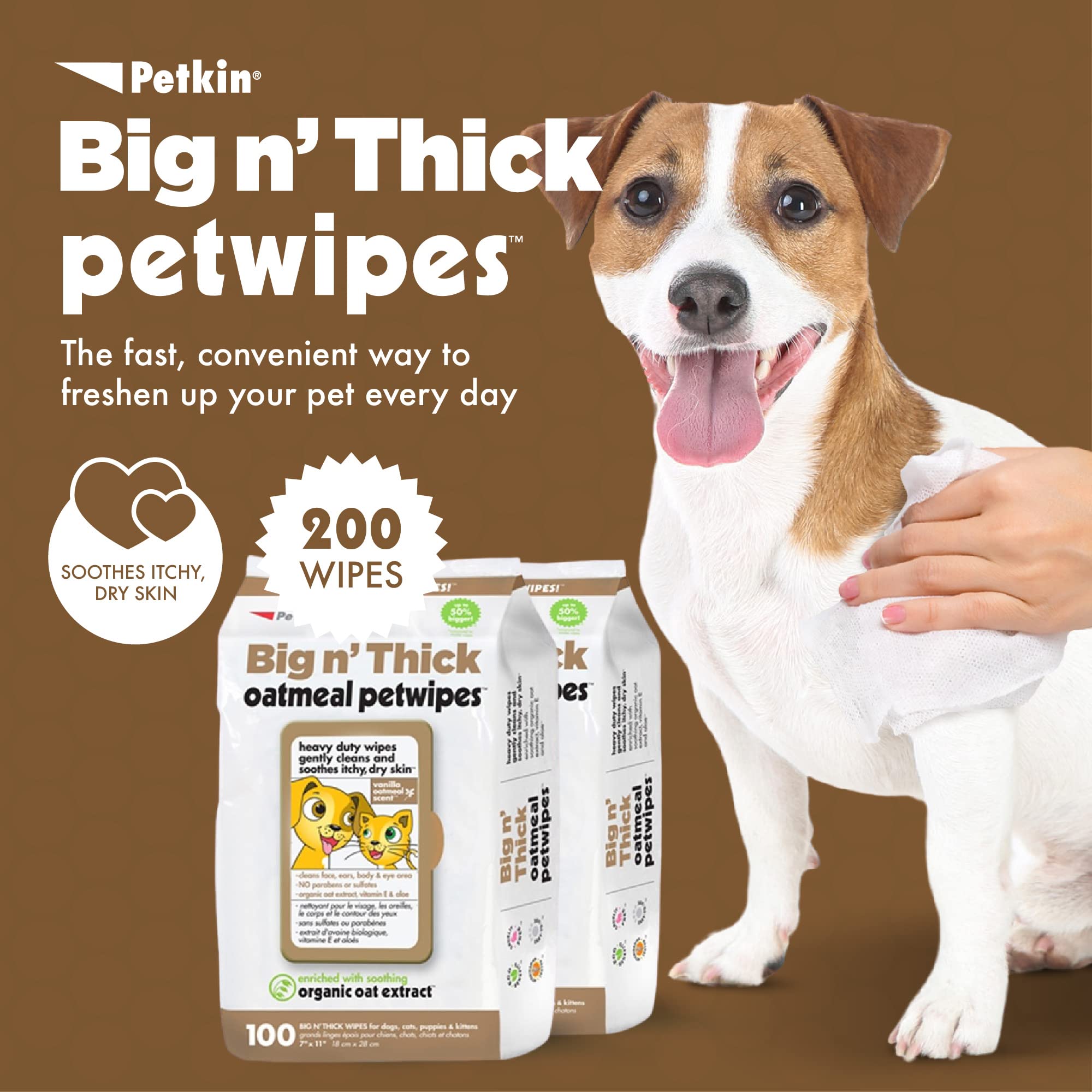 Petkin Pet Wipes for Dogs & Cats - Oatmeal, 200 Large Wipes, Soothes Itchy Skin & Cleans Ears, Face, Body, and Eye Area - 2