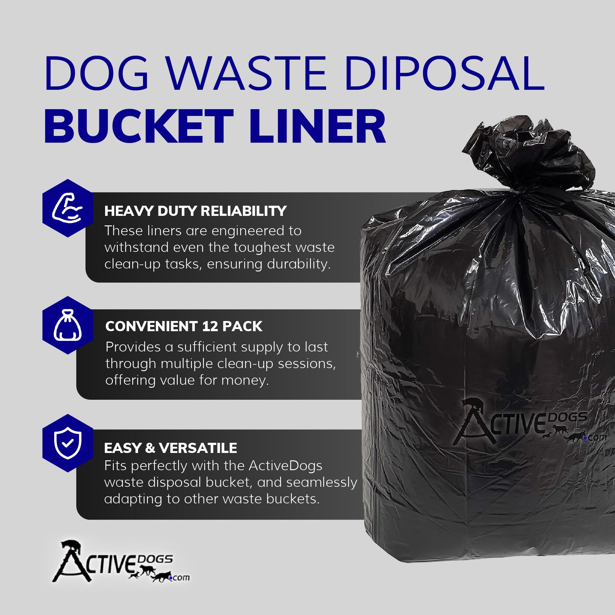 ActiveDogs Dog Poop Bucket Bags 12PK - Heavy Duty 5 Gallon, Extra Thick 1.2ml Leak Proof Plastic, Black