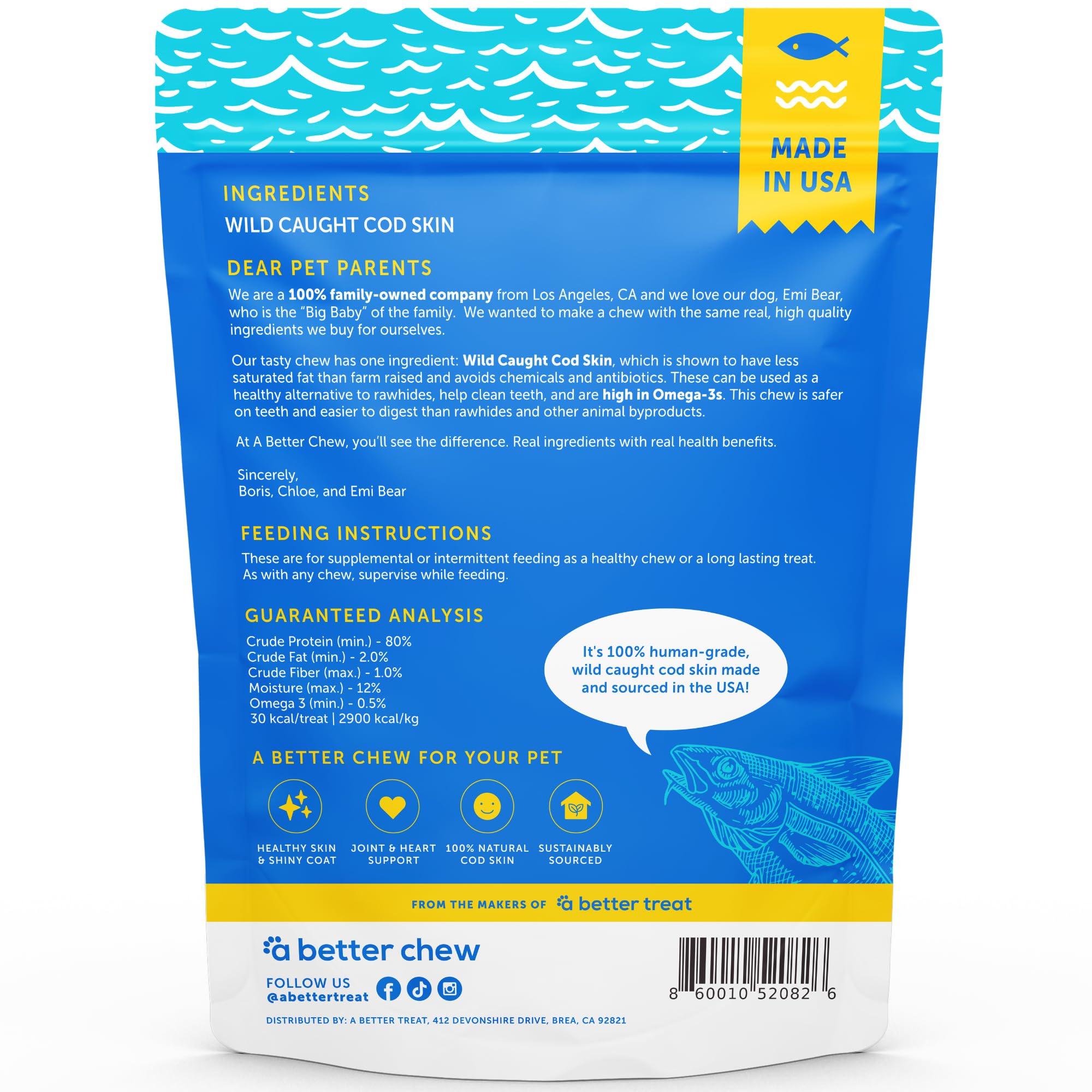A Better CHEW - Wild Caught Cod Skin Dog Treats | Sourced and Made in The USA, Single Ingredient, Dehydrated | Natural, Healthy