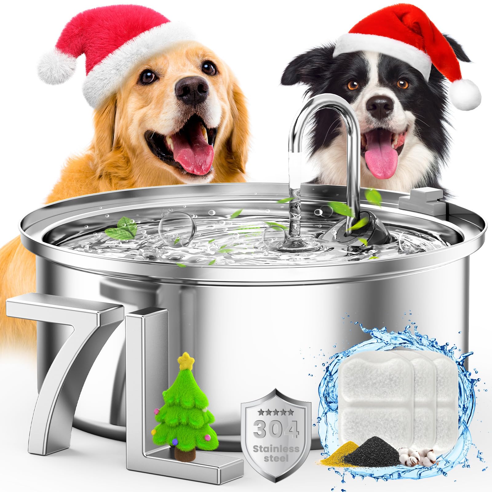 Oneisall Dog Water Fountain For Large Dogs,7L/230Oz/1.8G Stainless Steel Dog Fountain Super Quiet With Triple Filtration,Great For Large Dogs Cats And Multi-Pet Home