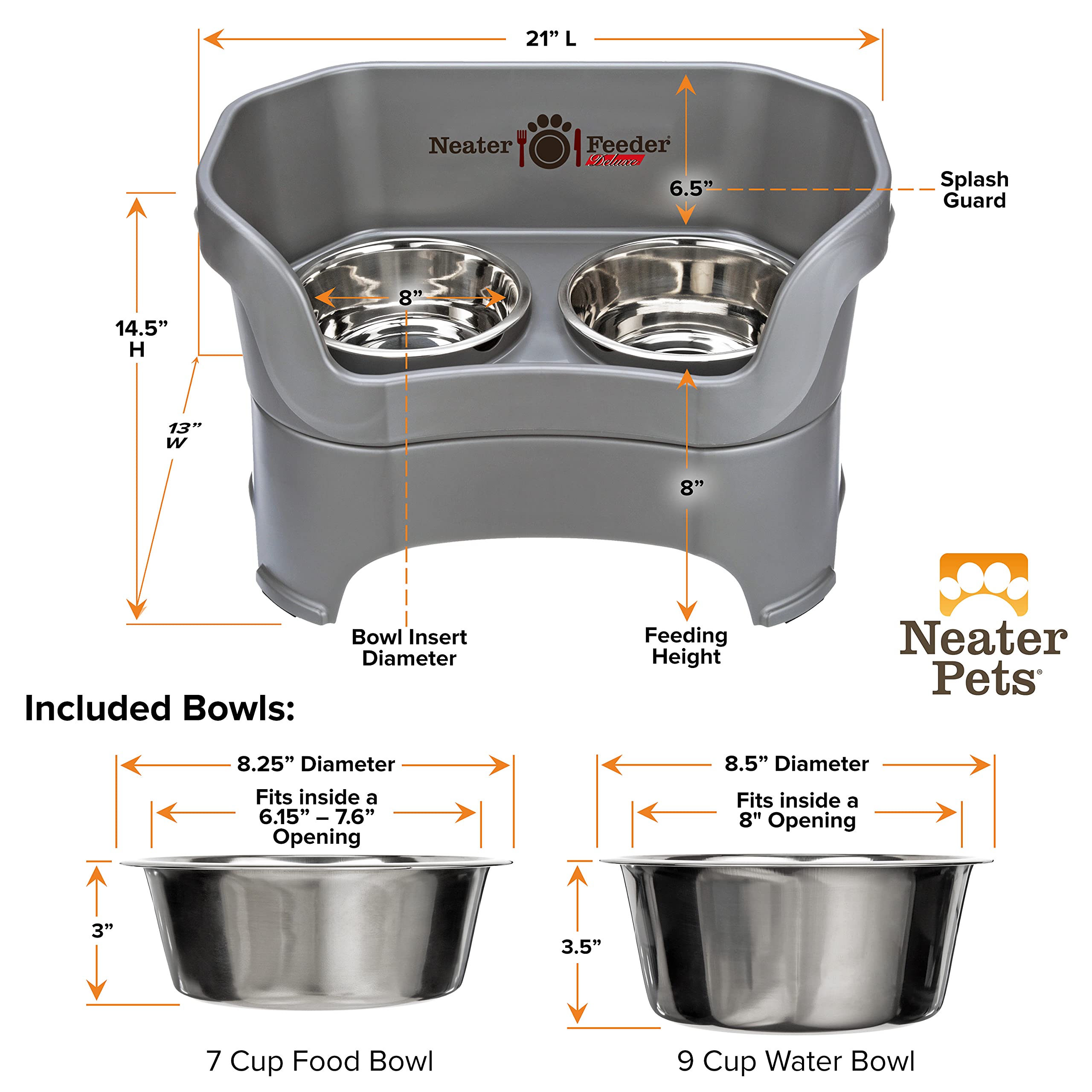Neater Feeder Deluxe Mess Proof Dog Bowls Elevated for Large Breed - Made in USA - No Spill Raised Dog Food Bowl Stand - Stainle