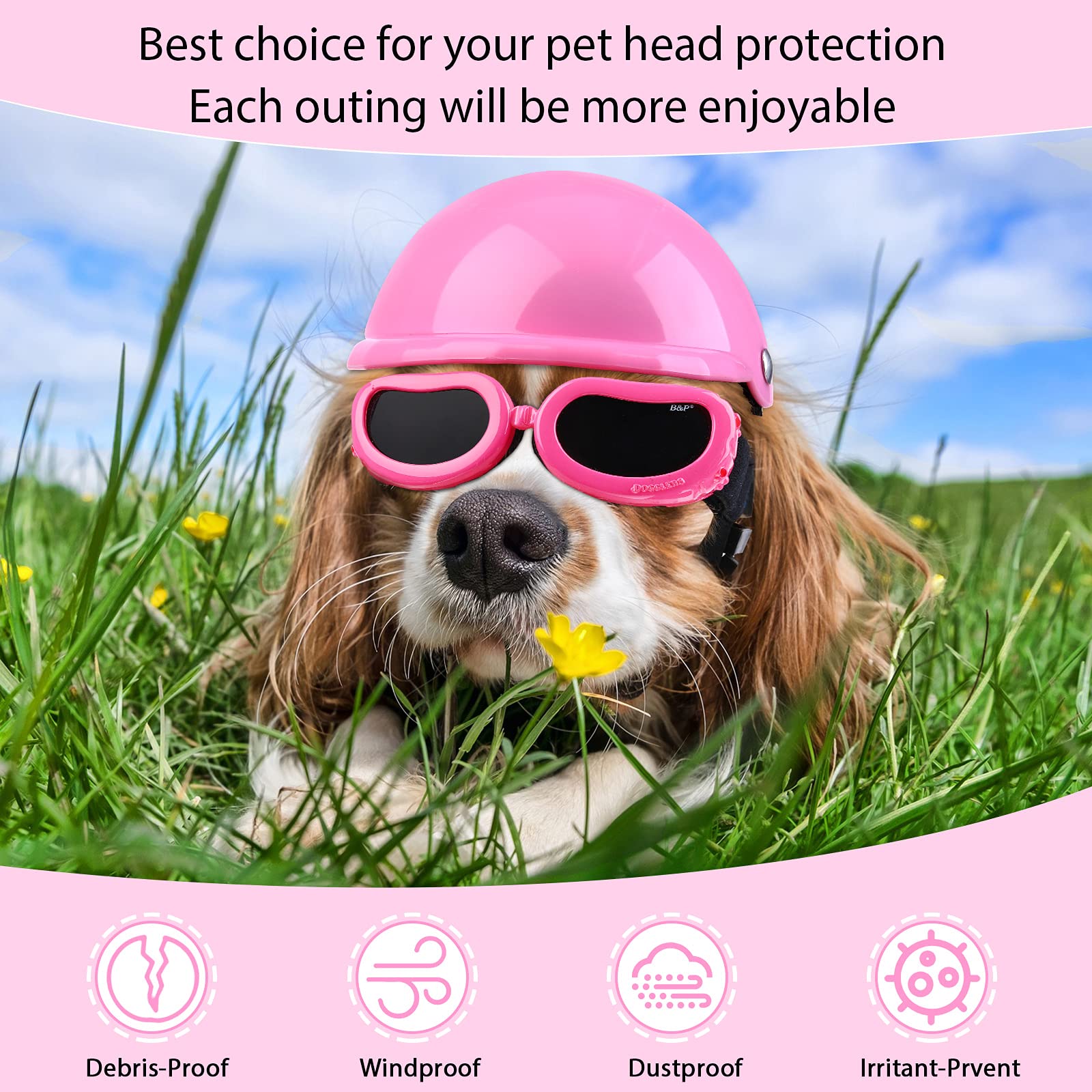 Small Dog Helmet Goggles Uv Protection Doggy Sunglasses Pet Dog Glasses Motorcycle Hard Safety Hat With Adjustable Belt Windproof Snowproof Eye Head Protection For Puppy Riding, S Size (Pink)