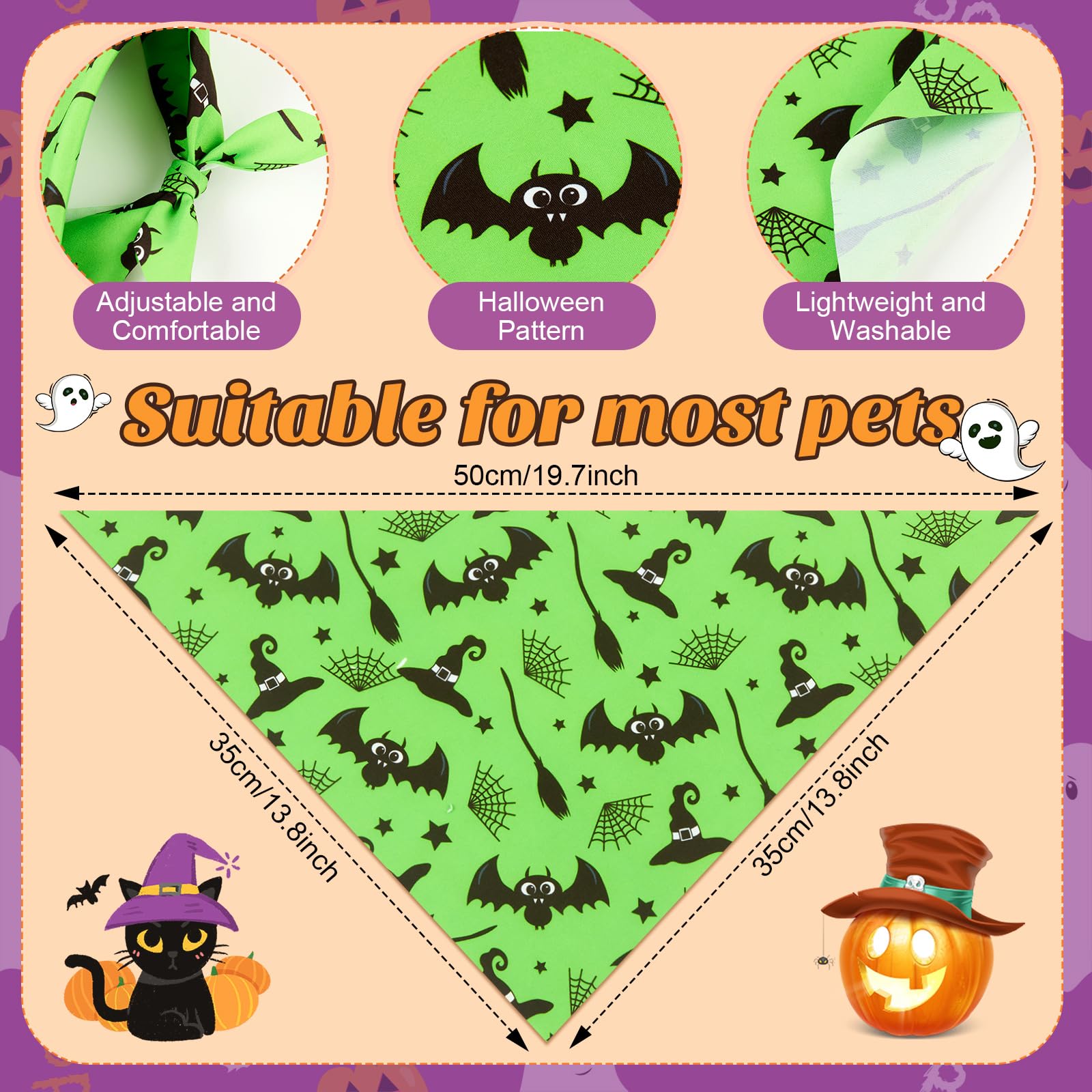 Preboun 50 Pcs Halloween Dog Bandanas Bulk Pumpkin Ghost Bandanas for Dogs Colorful Triangle Kerchief Bibs Scarf Set for Pet Cos