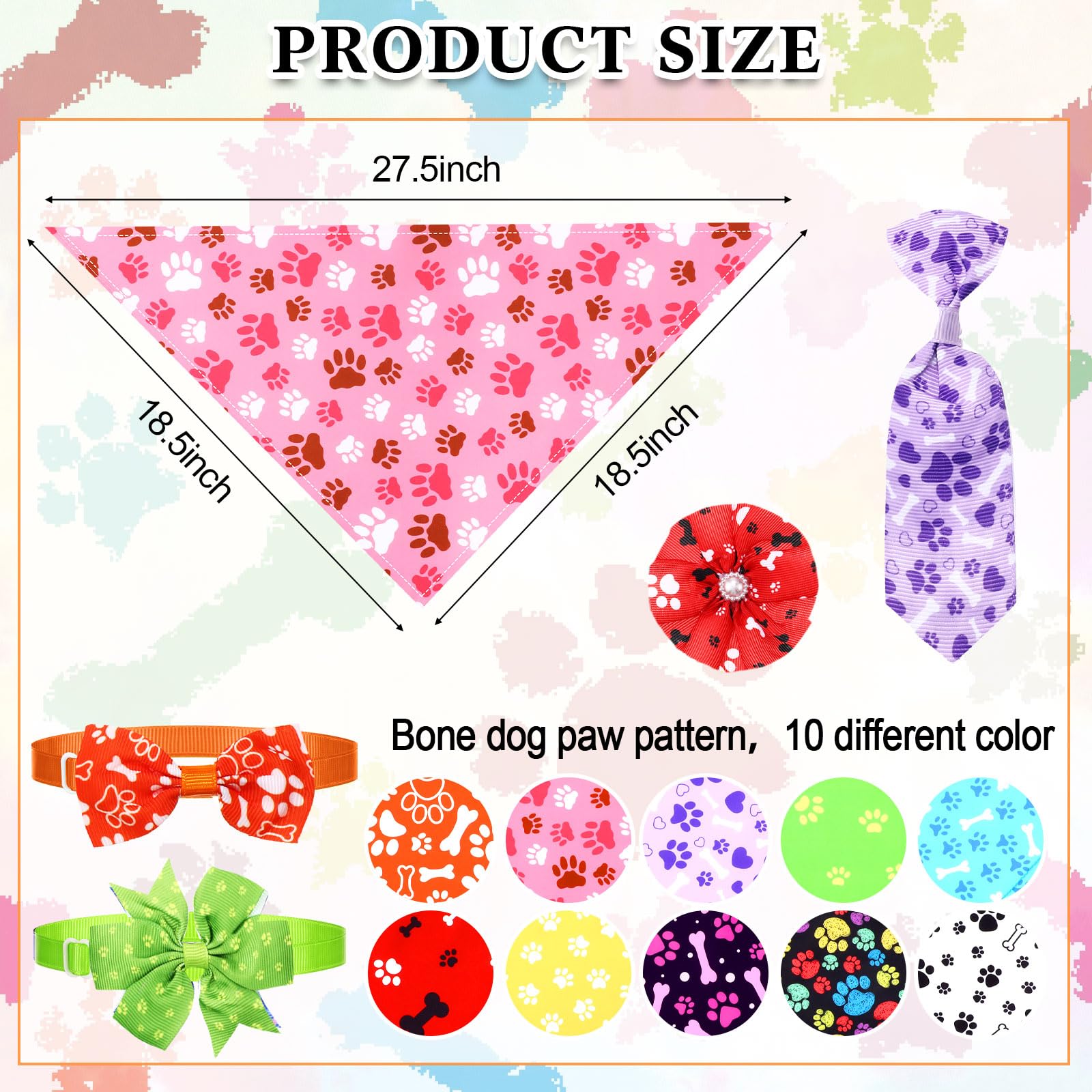 Hosuly 50 Pcs Funny Dog Bandana Collar Set Include 10 Bow Tie 10 Necktie Collar 10 Pet Scarf 10 Bow Flowers 10 Hexagonal Bowtie