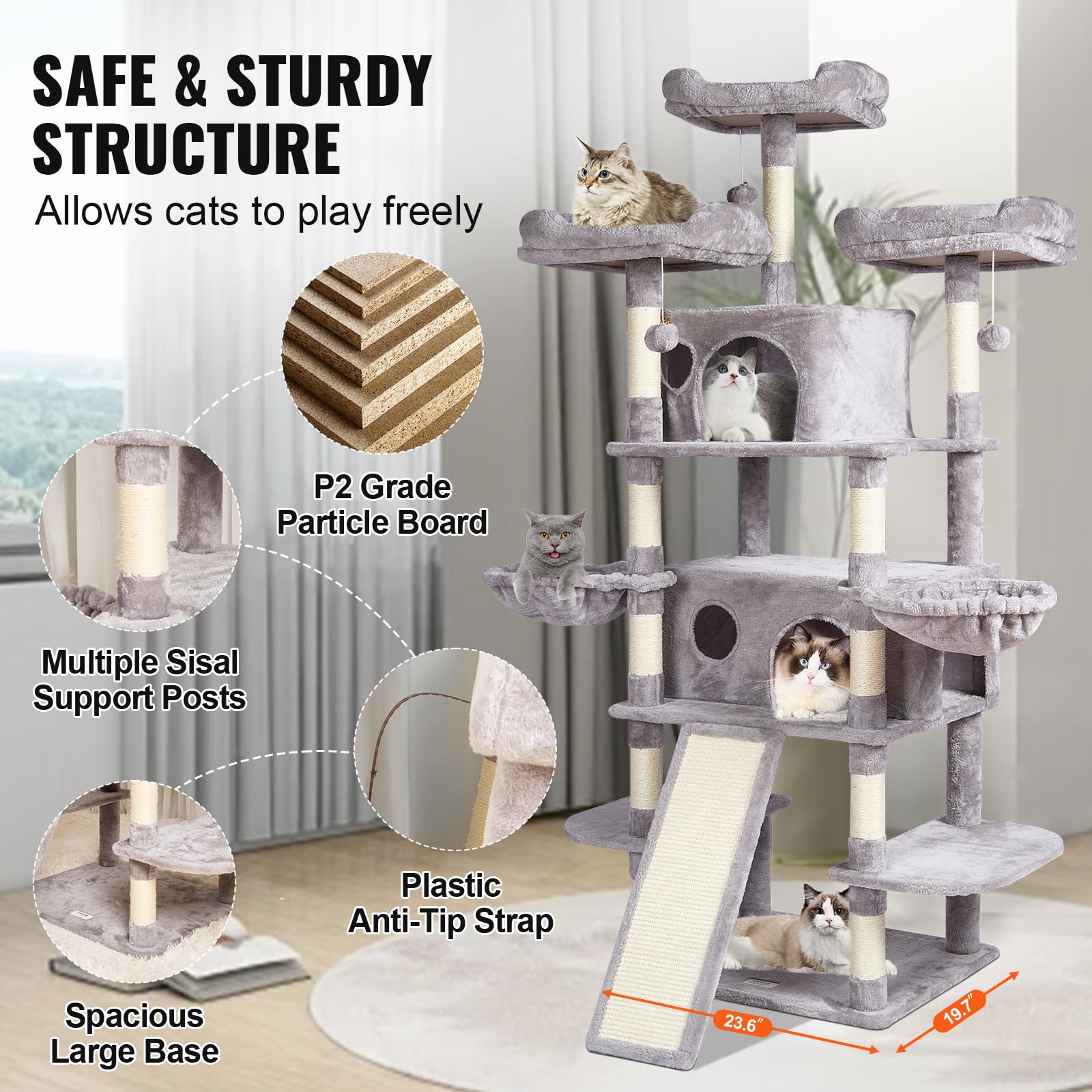 VEVOR Cat Tree 68.5 Cat Tower for Indoor Cats with Cat Condos Scratching Post