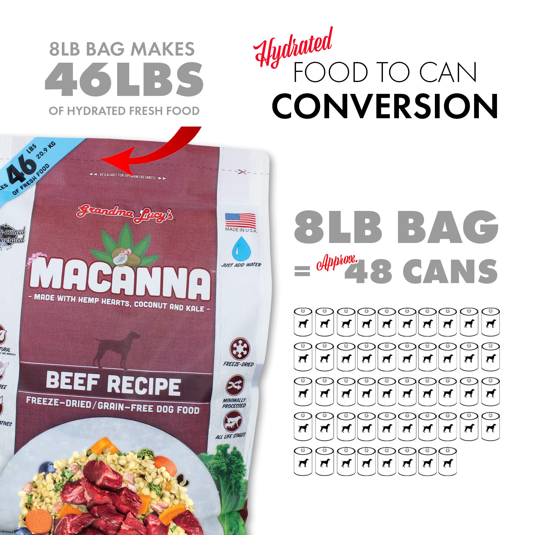 Grandma Lucy's Macanna Freeze-Dried Dog Food, Grain Free Beef Recipe, 3Lb Bag