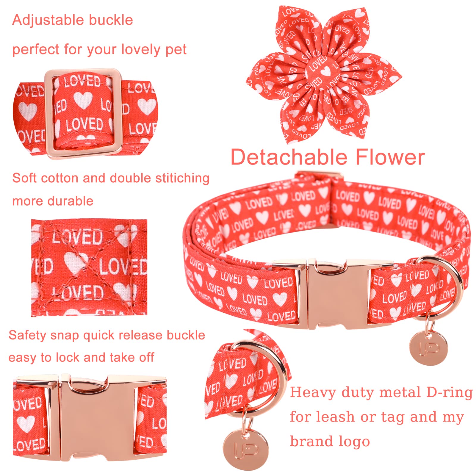 Up Urara Pup Valentine’S Day Dog Collar With Flower, Valentine Flower Collar With Metal Buckle, Valentine’S Day Gift Pet Collar For Medium Girl Dog, Wedding Dog Collar, Red, M, Neck 13.5-22In
