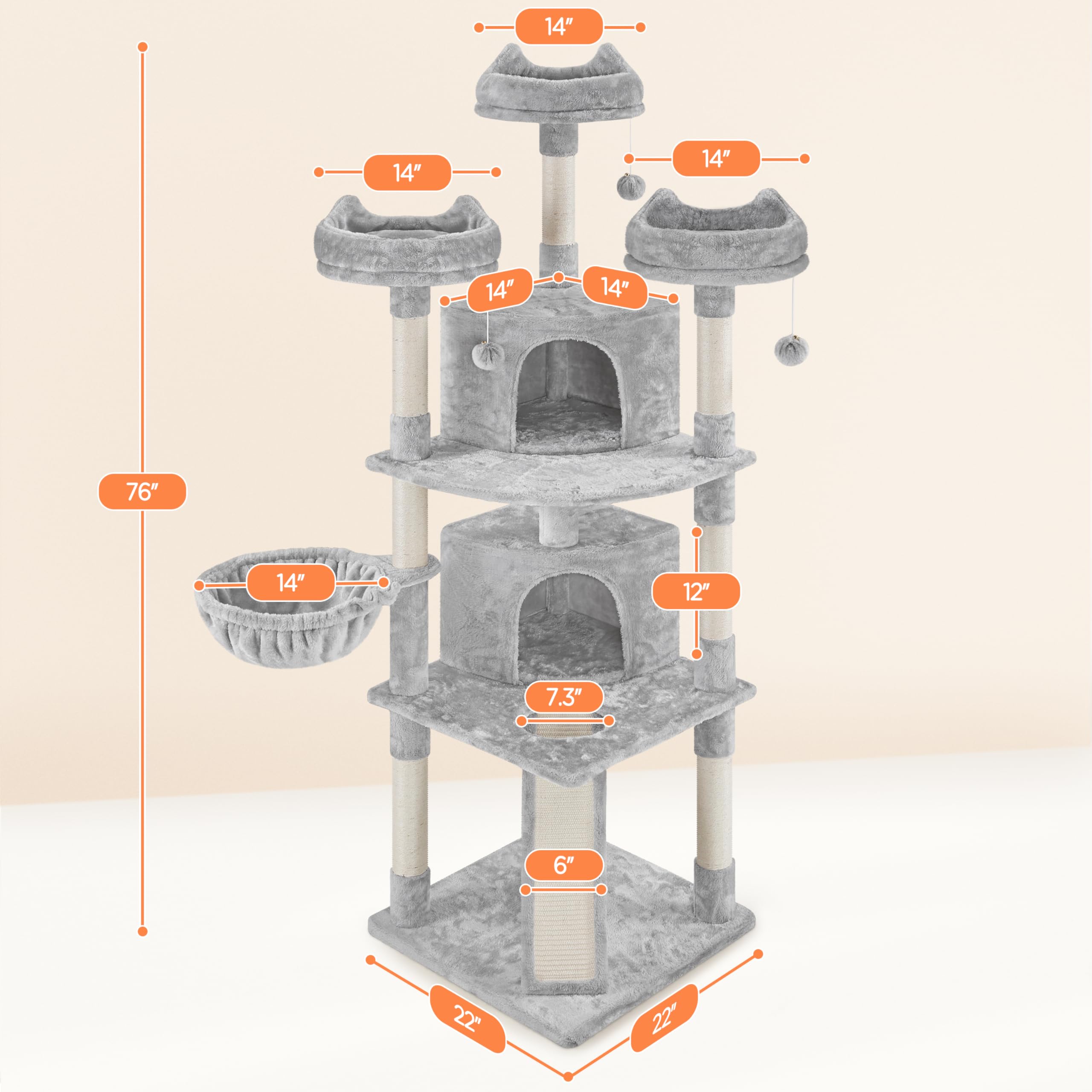 Yaheetech Large Cat Tree 76Inch, Multilevel Cat Tower With Perches Condos Scratching Posts For Indoor Cats, Light Gray