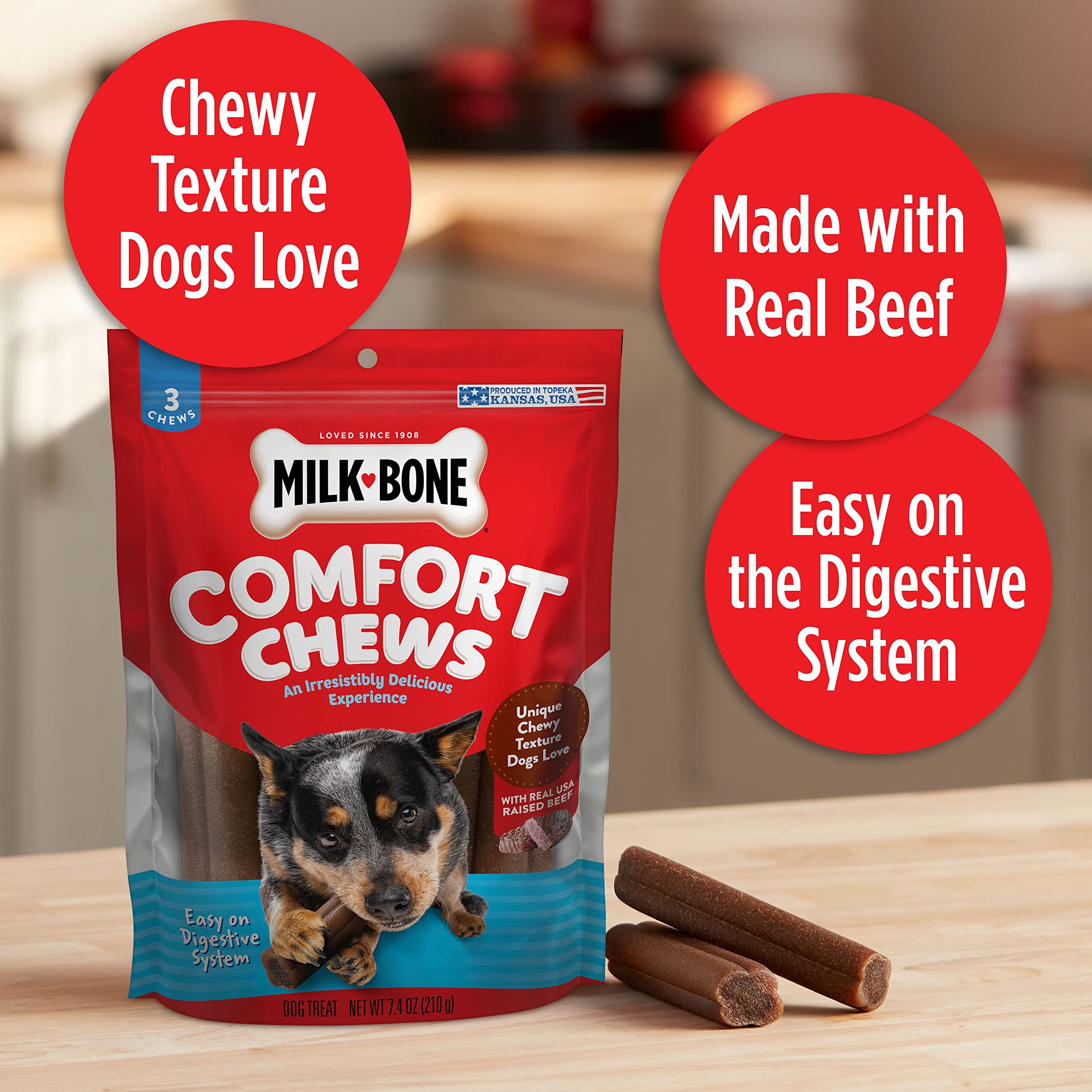 Milk-Bone Comfort Chews, Rawhide Free Dog Treats with Unique Chewy Texture and Real Beef, 3 Chews (Pack of 5), Easy on Digestive