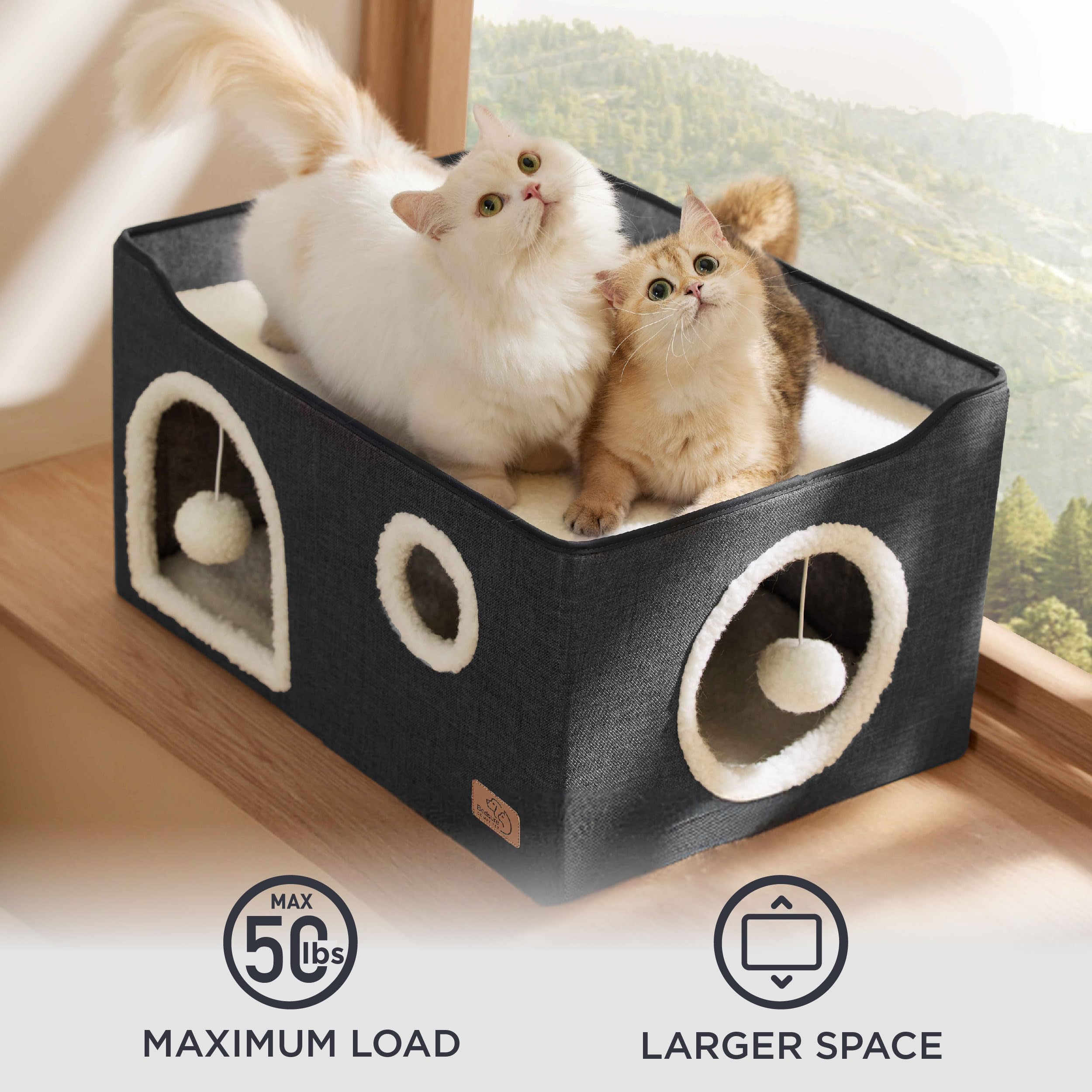 Bedsure Extra-Wide Cat House For Indoor Cats - Large Cat Cave For Pet Cat House With Fluffy Ball Hanging And Scratch Pad, Foldable Cat Hideaway For Multi Cats, 23.6X16.9X13 Inches, Dark Grey