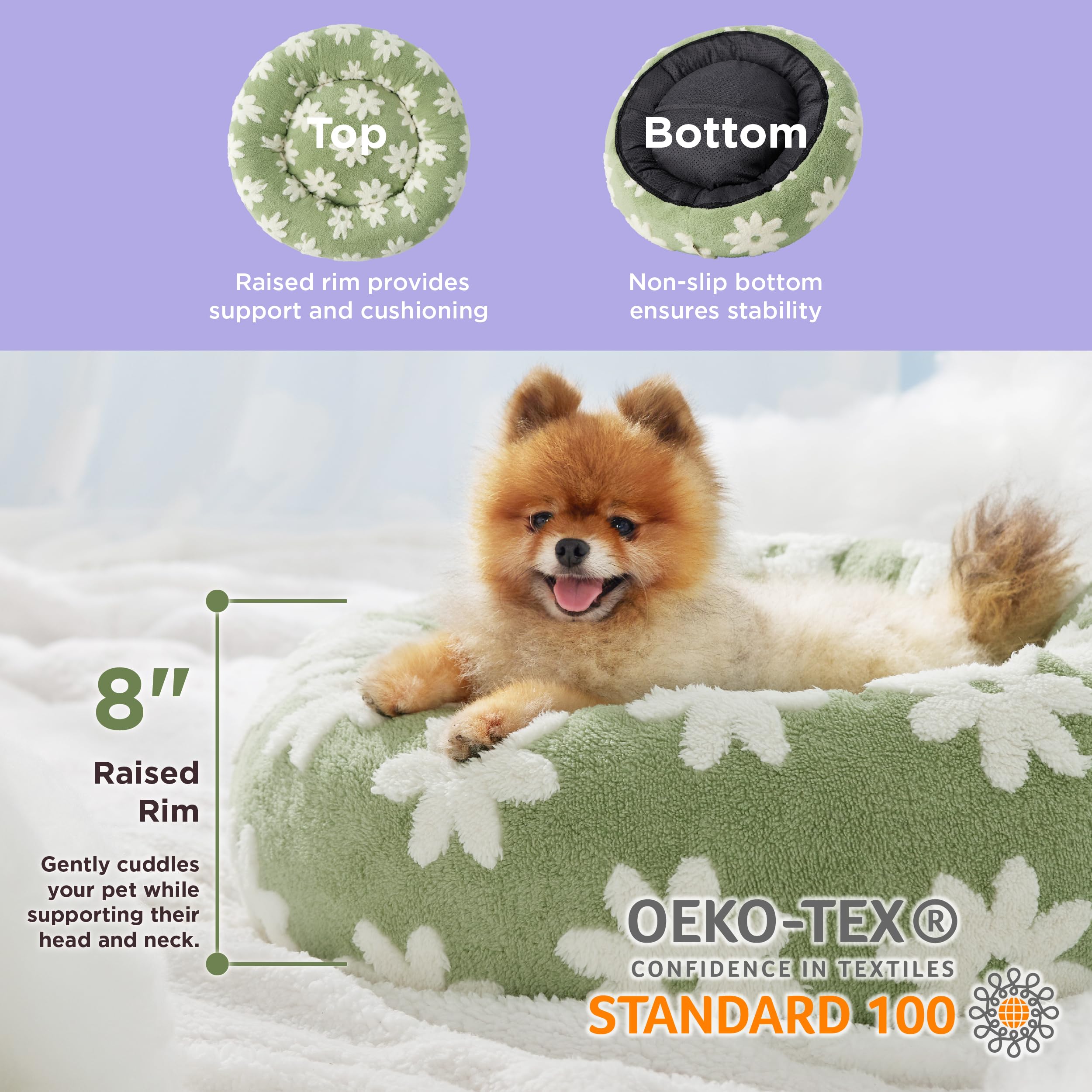 Lesure Small Dog And Cat Bed - Round Calming Beds, Cute Modern Design With Jacquard Shaggy Plush, Anti-Slip Bottom, 23 Inch, Gre