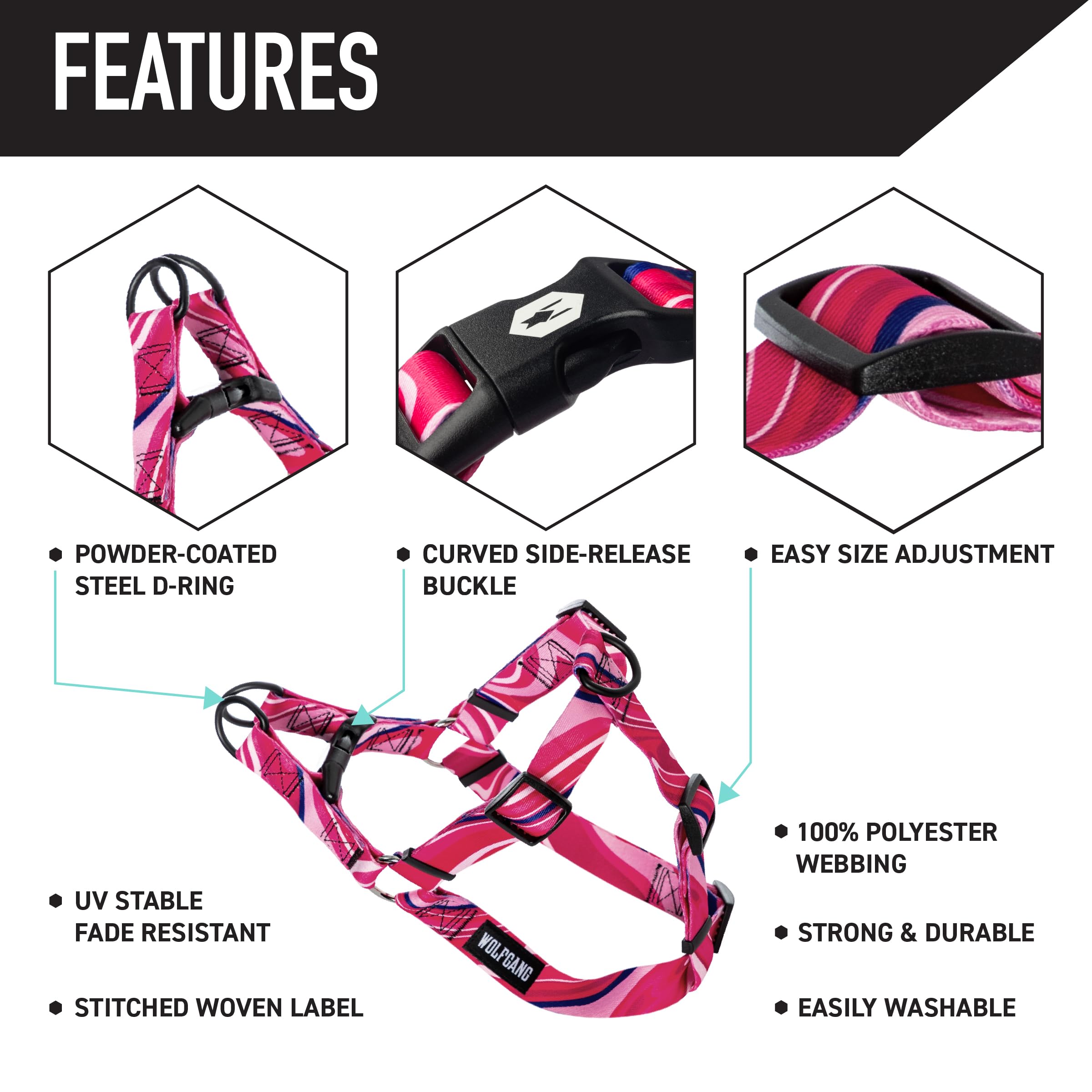 Wolfgang Heavy Duty Adjustable Dog Harness, Pull-Tested for Walking & Training, MarbleSwirl Print, Large