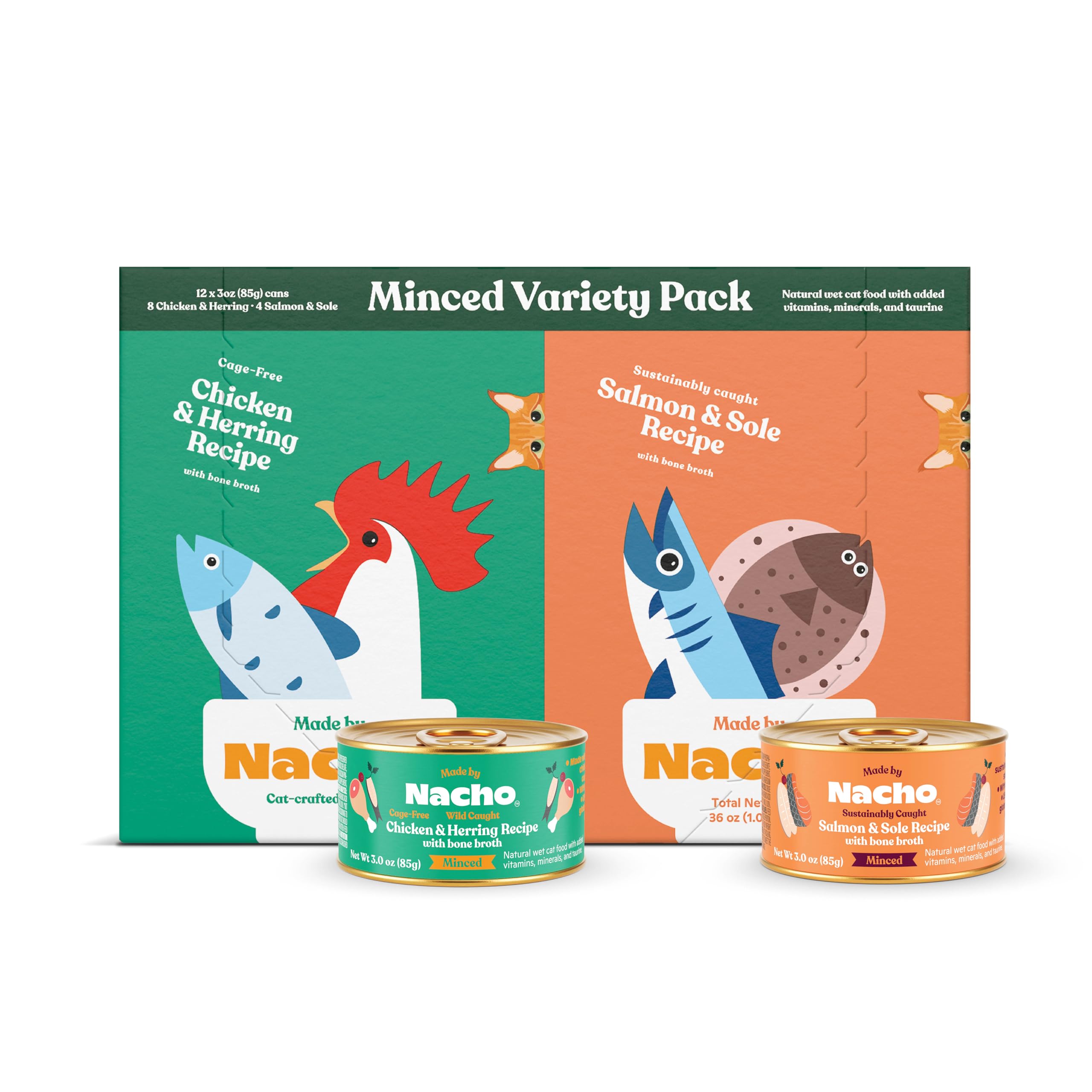 Made by Nacho Premium Minced Wet Canned Cat Food with Hydrating Bone Broth 3.0oz (Variety Pack (12 Count) - Chicken and Herring,