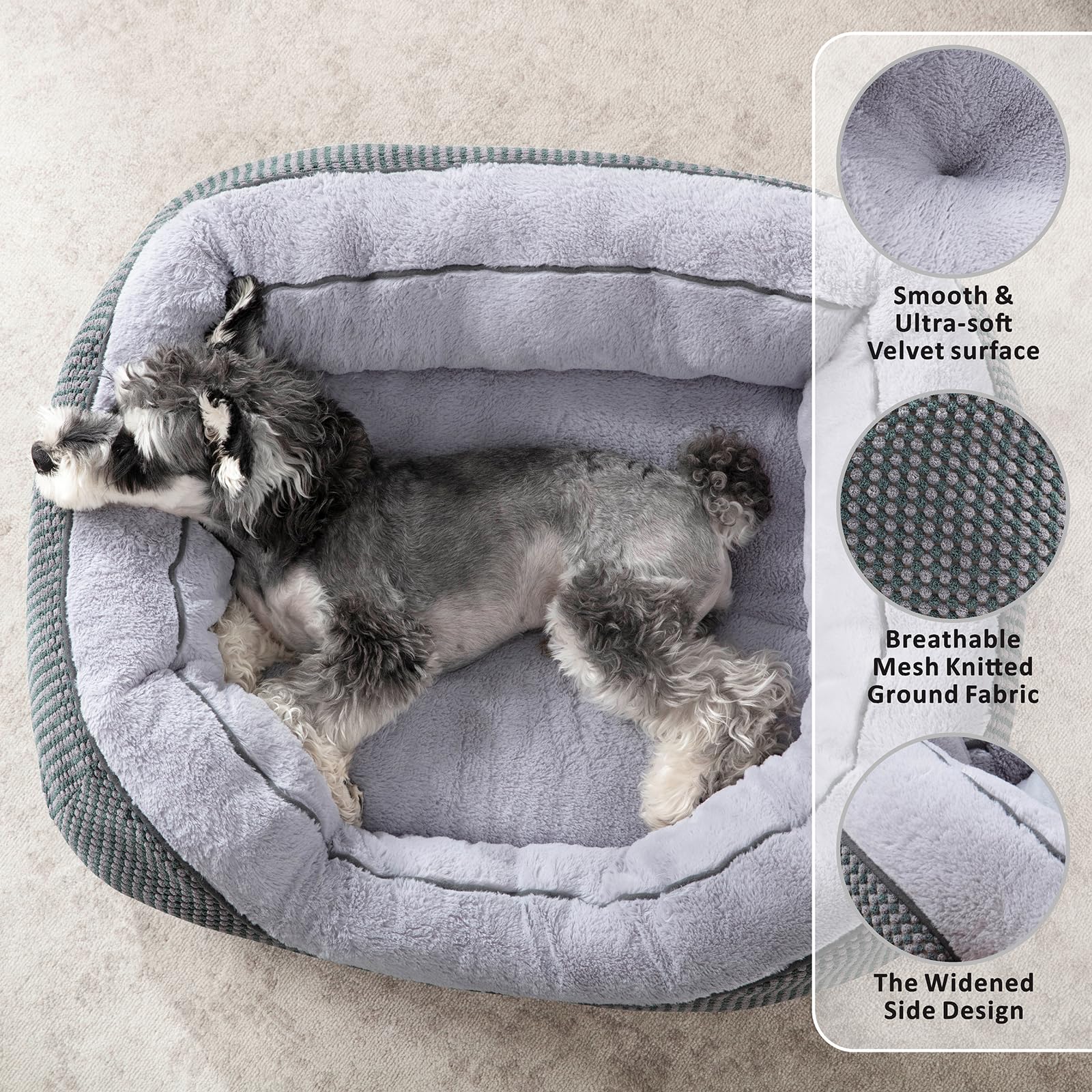 INVENHO Small Dog Bed, Orthopedic Cotton Cat Bed, Washable, Anti-Slip, Grey, Size S (20"x19"x6")