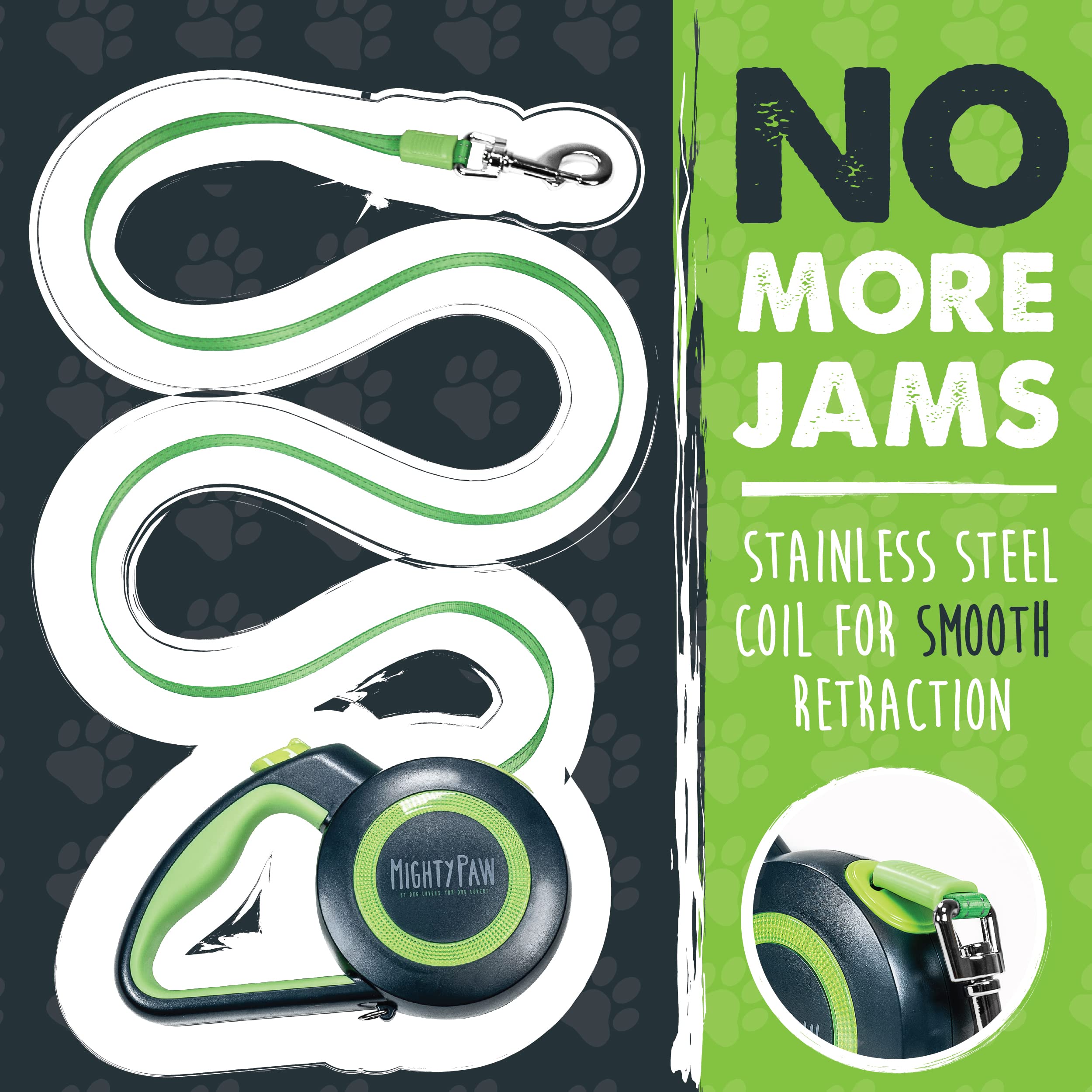 Mighty Paw Retractable Dog Leash 2.0 - Auto-Locking Button For The Control When You Need - Stainless Steel Coil For Smooth Retraction - Super Reflective Ring For Nighttime Visibility - No More Tangle