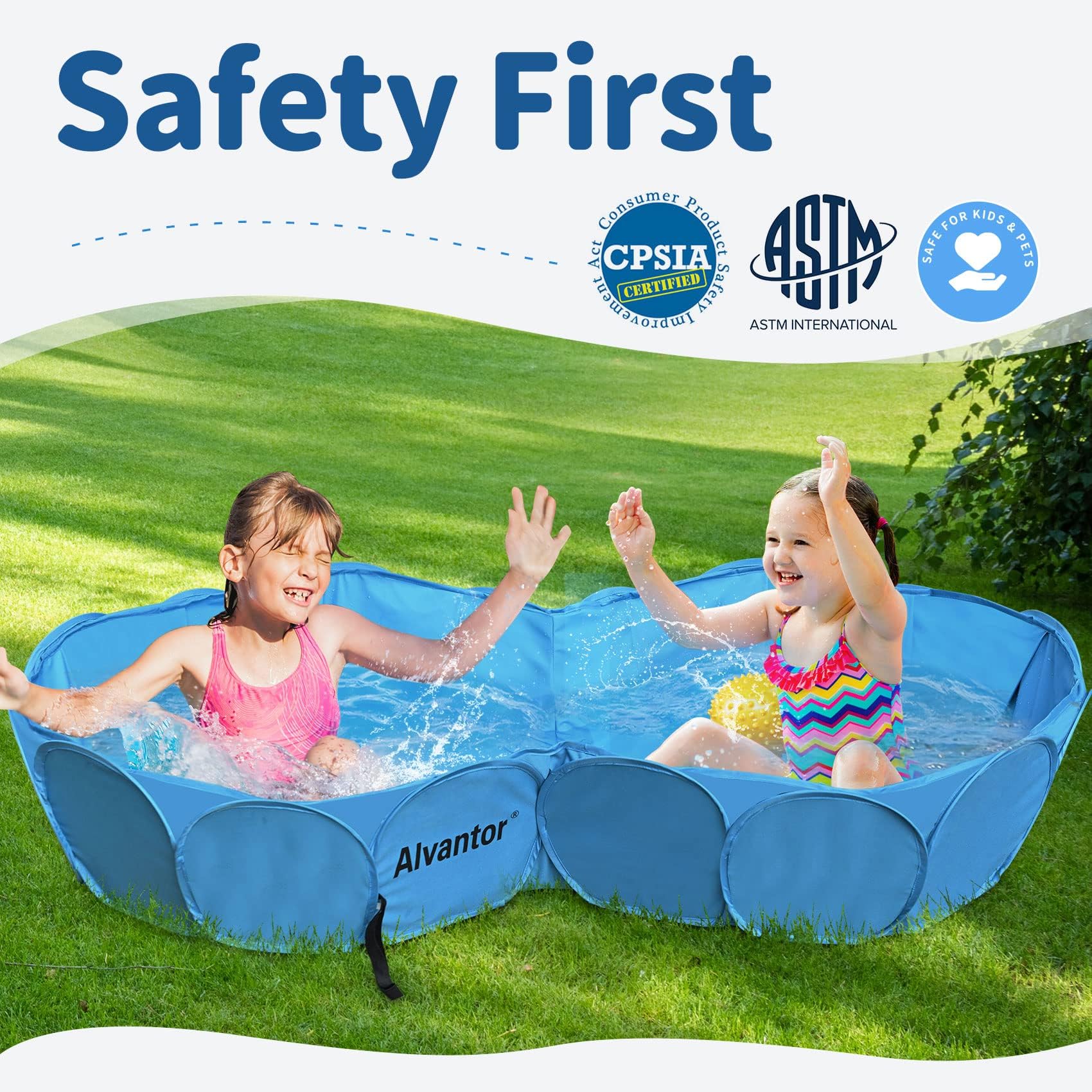 Alvantor Pet Double Swimming Pool Bathing Tub, 63"x35"x12", Blue, Durable PVC, Foldable Indoor/Outdoor, Model 2100D