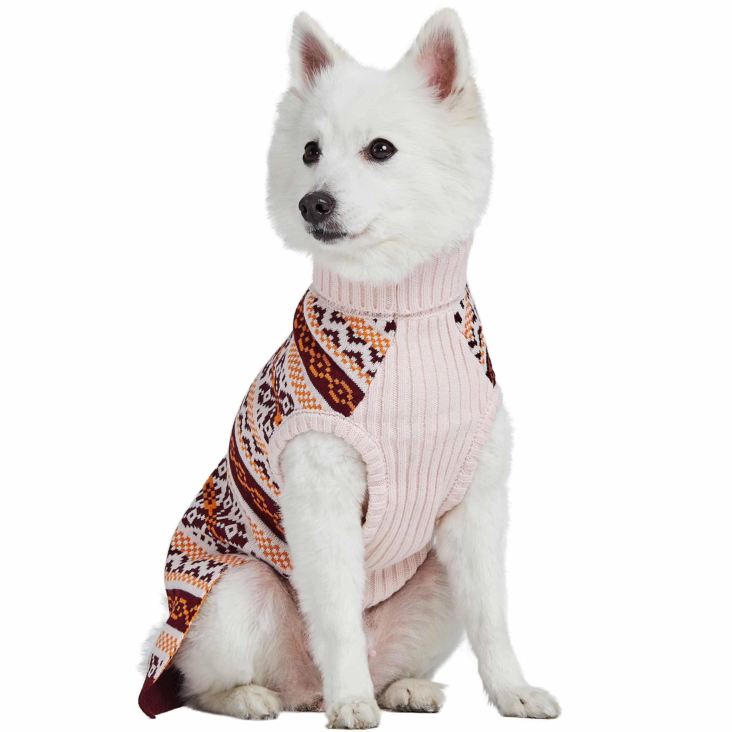 Blueberry Pet Artisan Everyday Turtleneck Fair Isle Fall Winter Pullover Dog Sweater In Beige, Back Length 14', Warm Clothes For Medium Dogs