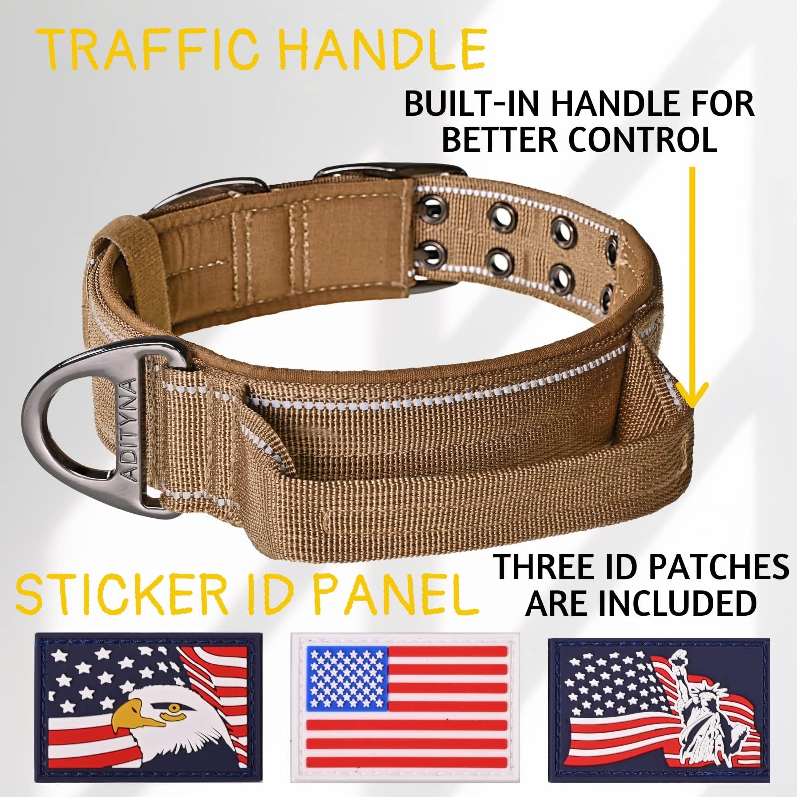 ADITYNA Heavy Duty Dog Collar for Large Dogs - Reflective, Soft Neoprene Padded, Coyote Brown, Fit 18-23" Neck, Model TC2 - L