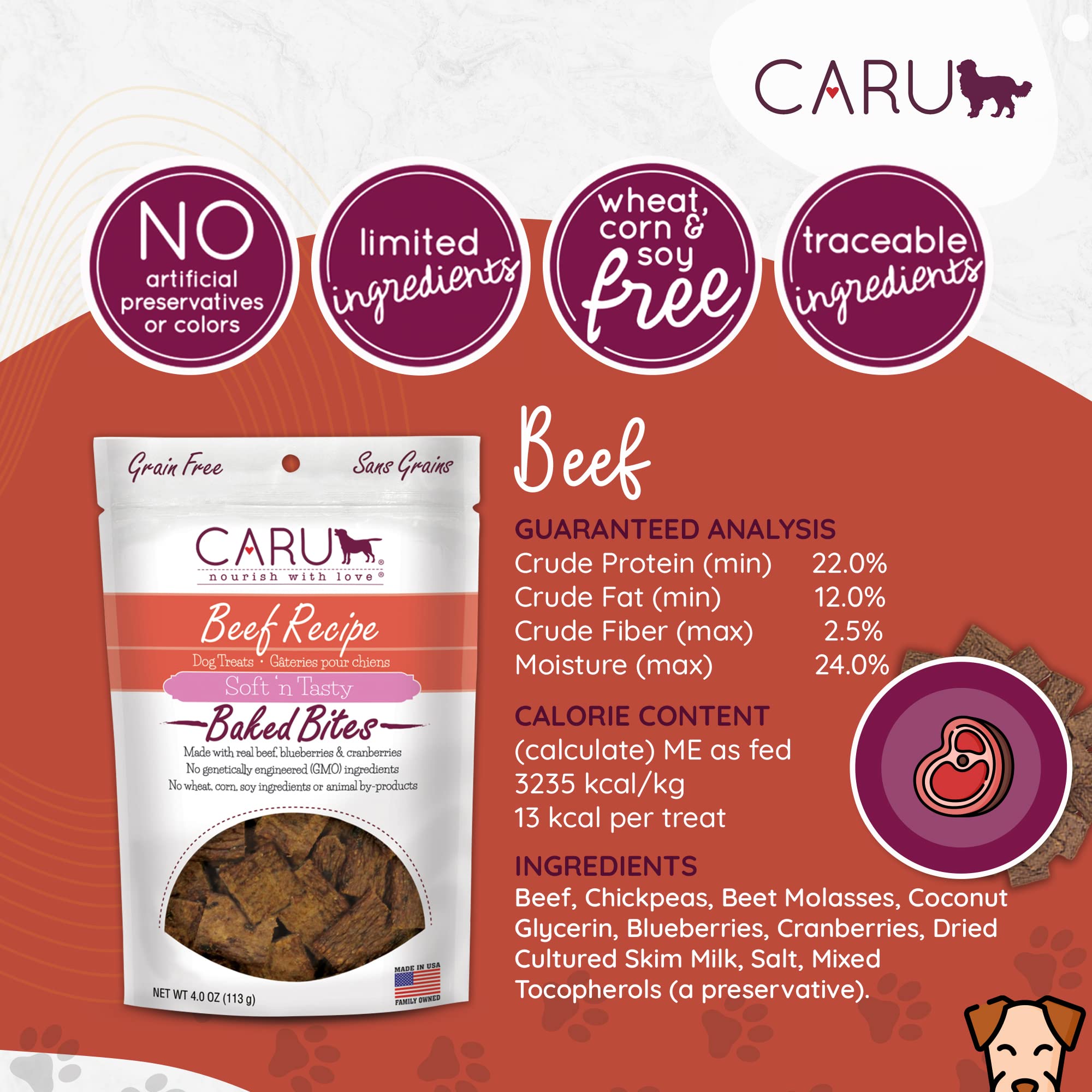 CARU - Soft n Tasty Baked Bites - Beef Bites Dog Treats - Flavorful Training Treats - 4 oz