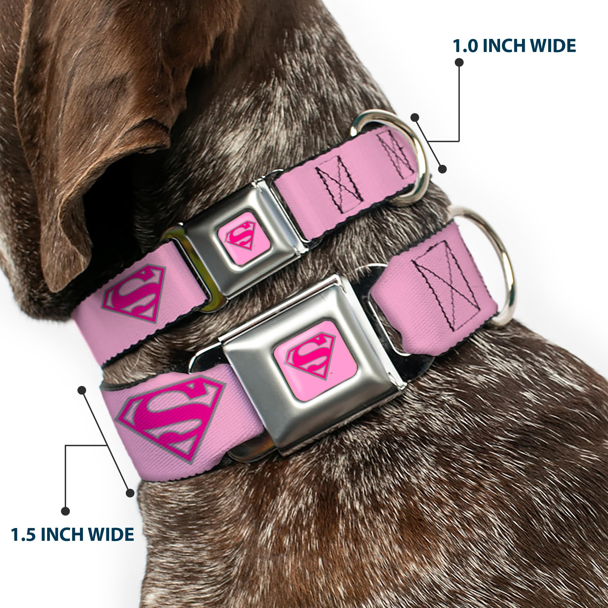 Buckle-Down Dog Collar Seatbelt Buckle Superman Shield Pink 9 To 15 Inches 1.0 Inch Wide, Multi Color (Dc-Wsm006-S)