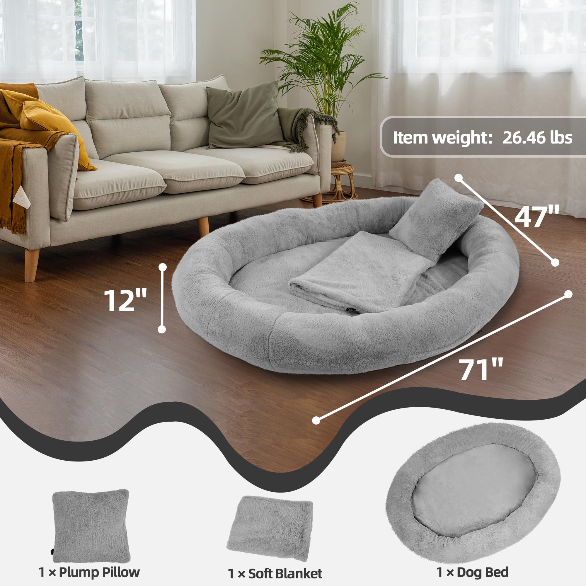 Elevon Premium Pet Bed for Large Dogs, 71x47x12 Extra Large Size Pet Bed with Soft Blanket & Plump Pillow, Durable Washable Faux