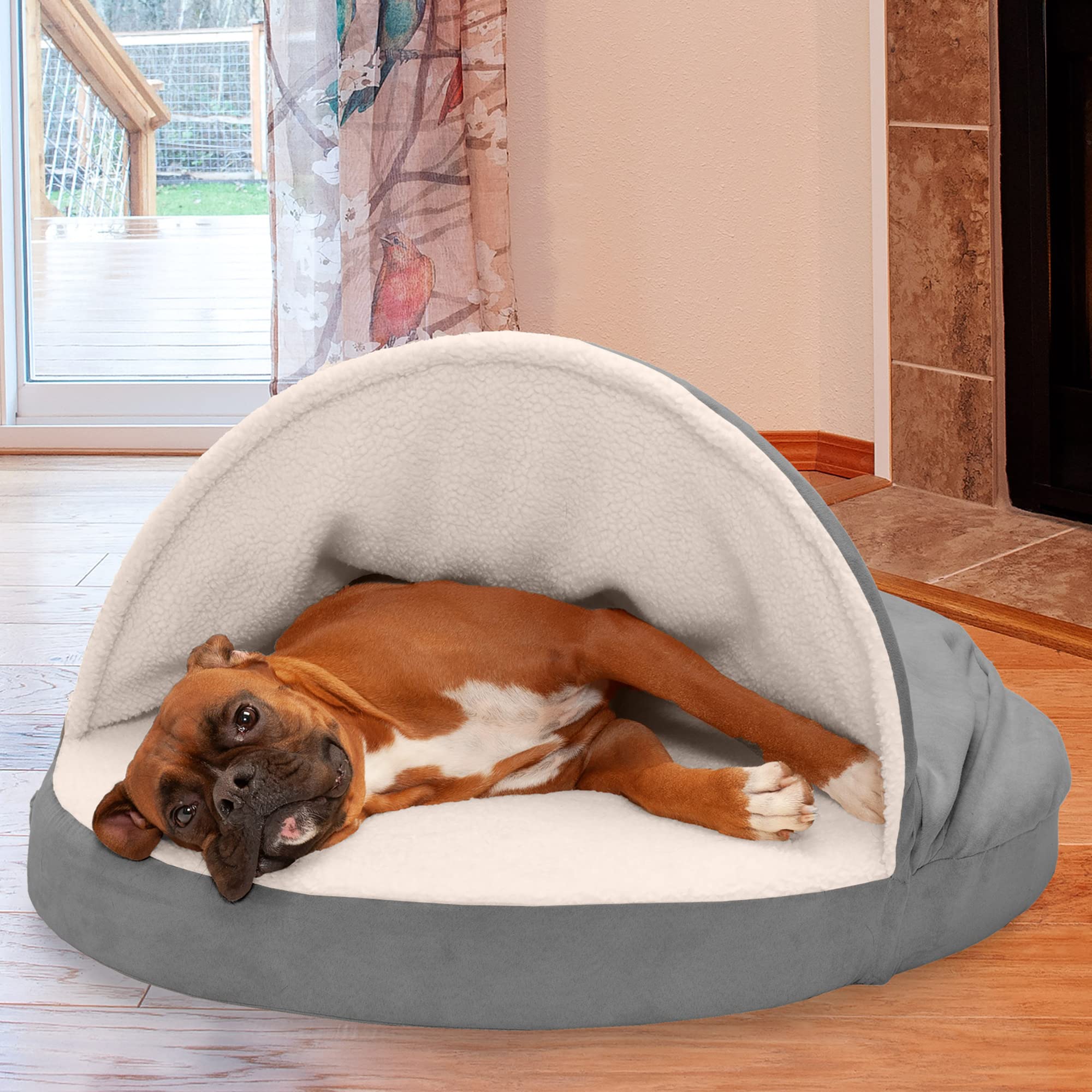 Furhaven 35 Round Memory Foam Dog Bed for Large/Medium Dogs w/ Removable Washable Cover, For Dogs Up to 50 lbs - Sherpa & Suede