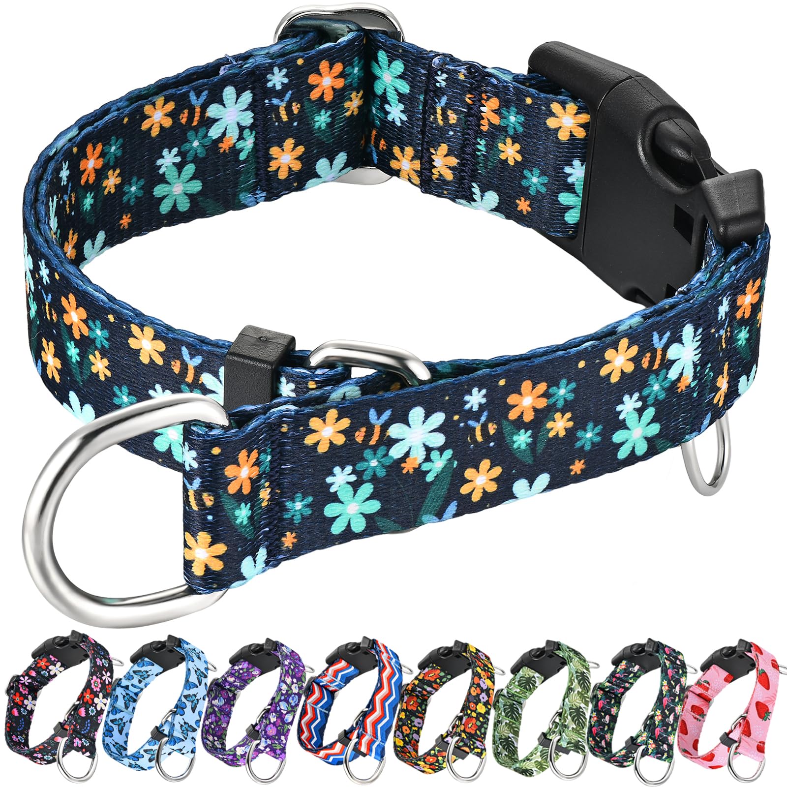 Fidohug Martingale Collar With Buckle Adjustable Nylon Limited Slip Training Dog Collars (Green Flower, Medium)