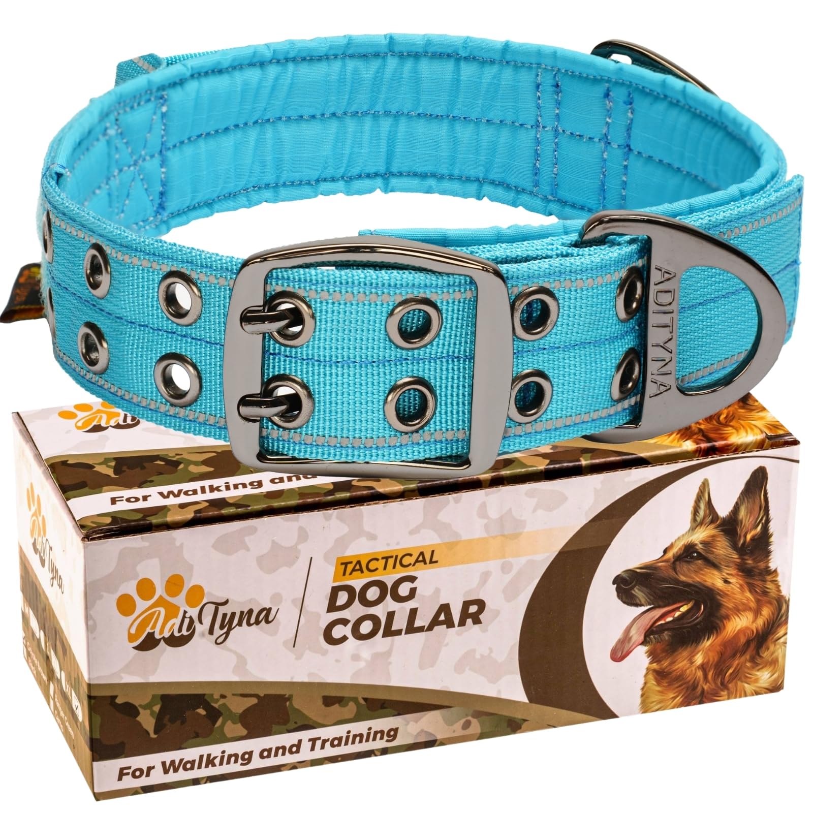 Adityna Heavy Duty Dog Collar For Medium Dogs - Reflective Blue Collar With Handle For Training, And Walking - Wide, Thick, Tact
