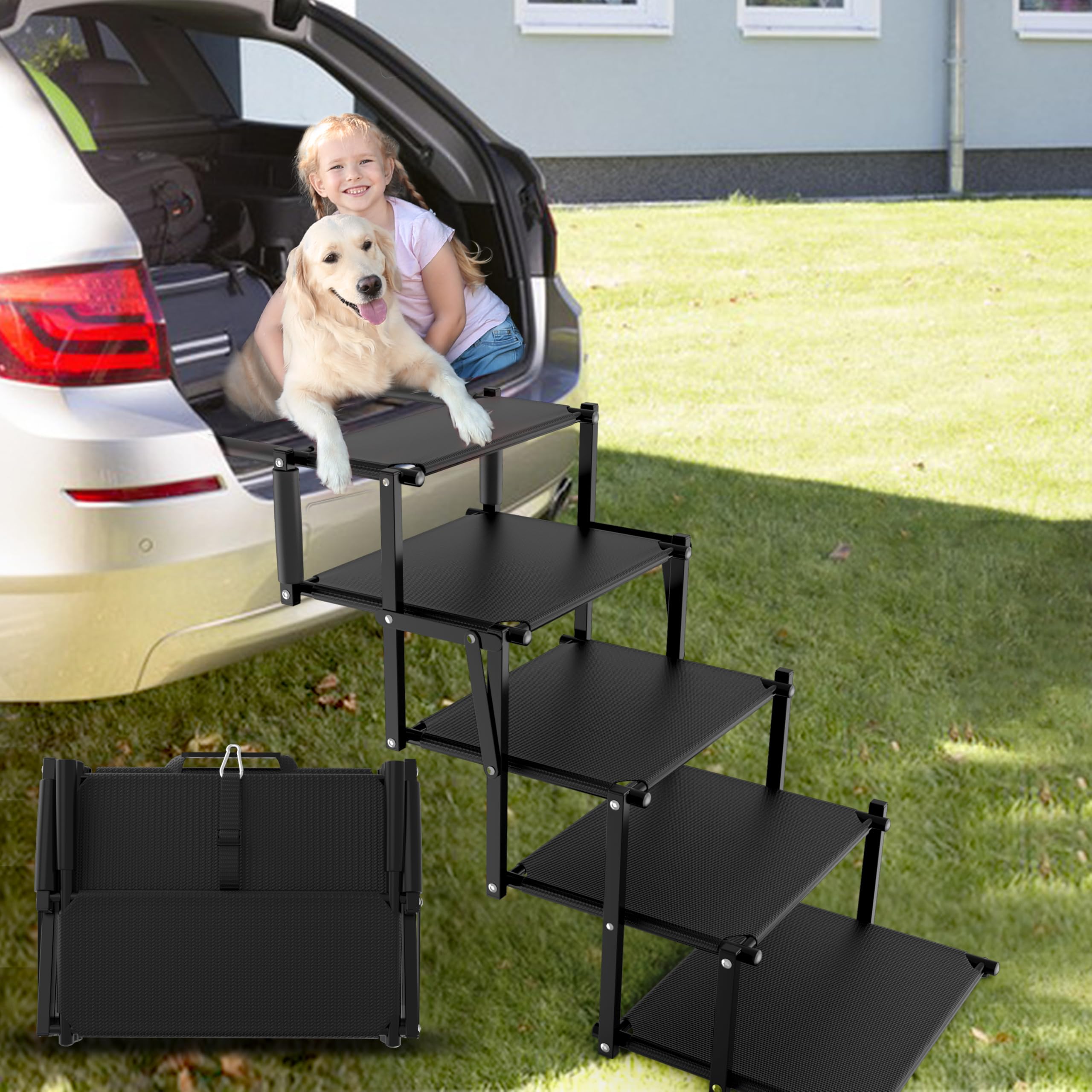 Extra Wide 5 Steps Dog Stairs for Large Dogs, Foldable DogRamp for Car with Non-Slip Surface, Pet Stairs DogStairs for car, Dog 