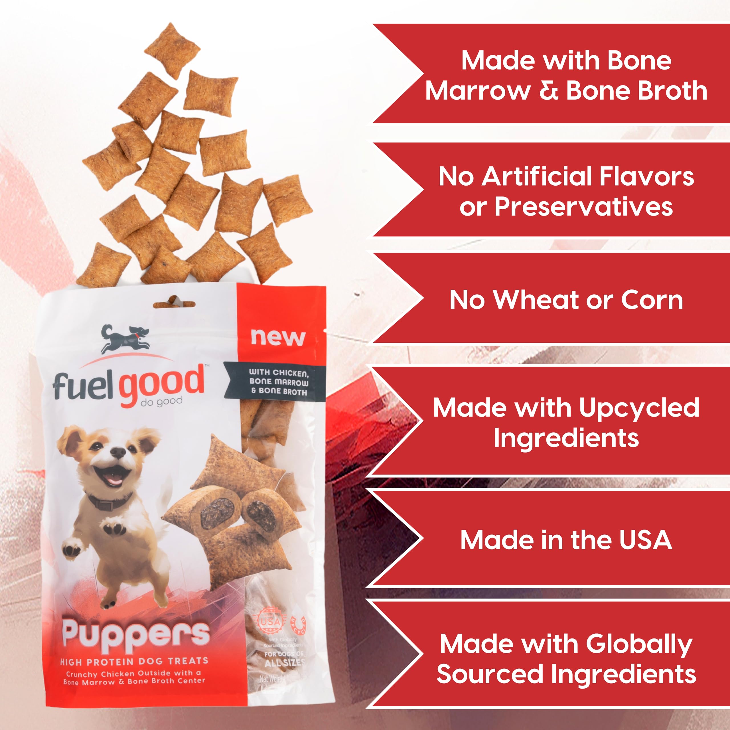 Fuel Good Puppers High Protein Dog Treats - Crunchy Chicken with Bone Marrow & Bone Broth - 12oz Bag - High Protein Treats for D